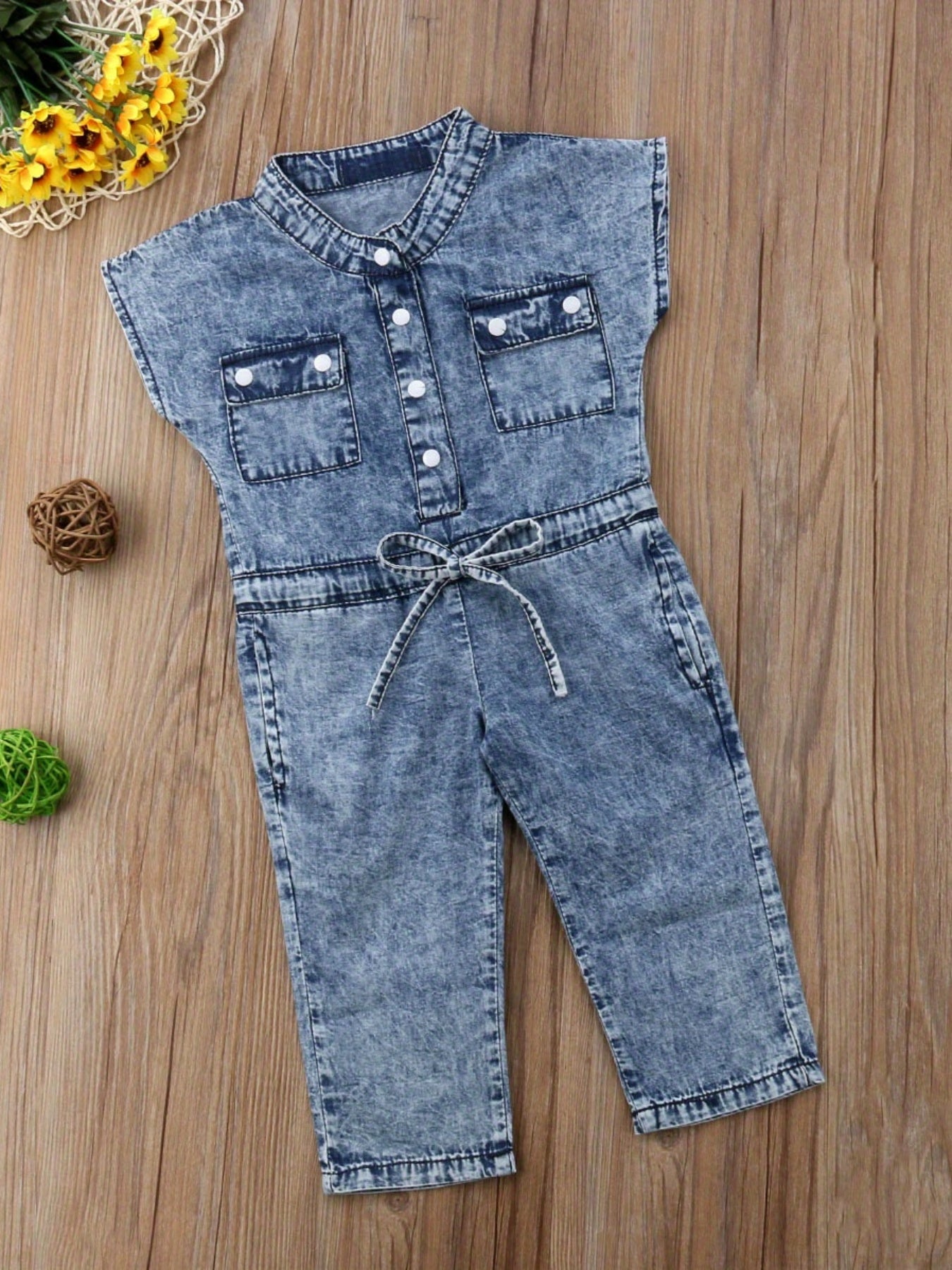 Girls Denim Jumpsuit Cute Sleeveless Folded Collar Button Outfit with Chest Pockets All Season Solid Color Woven Clothing