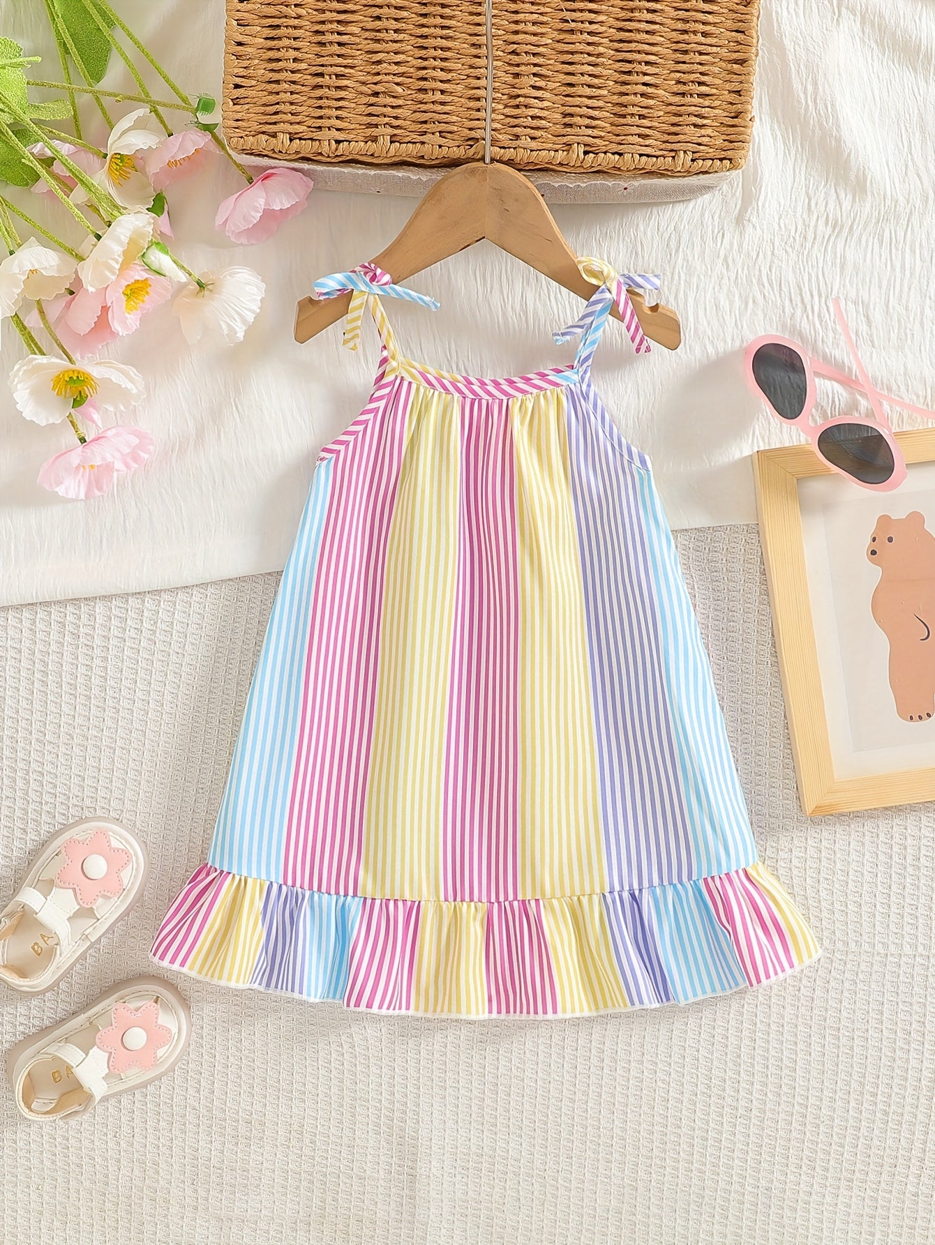 Adorable Rainbow Striped Sleeveless Dress for Girls with Ruffled Hem and Colorful Tie Shoulder Straps Perfect for Spring Summer Toddler Wear