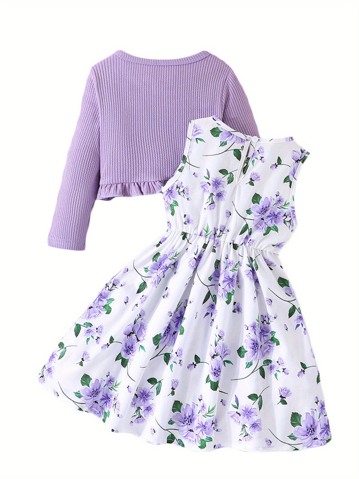 Girl Dress Set Floral Print Round Neck Bow A Line Tank Dress With Ruffled Ribbed Cardigan