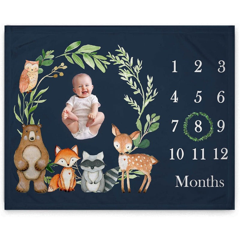 Woodland Baby Monthly Milestone Fleece Blanket Black 50x40 Includes Marker 280gsm Single Sided Digitally Printed Facecloth Blanket