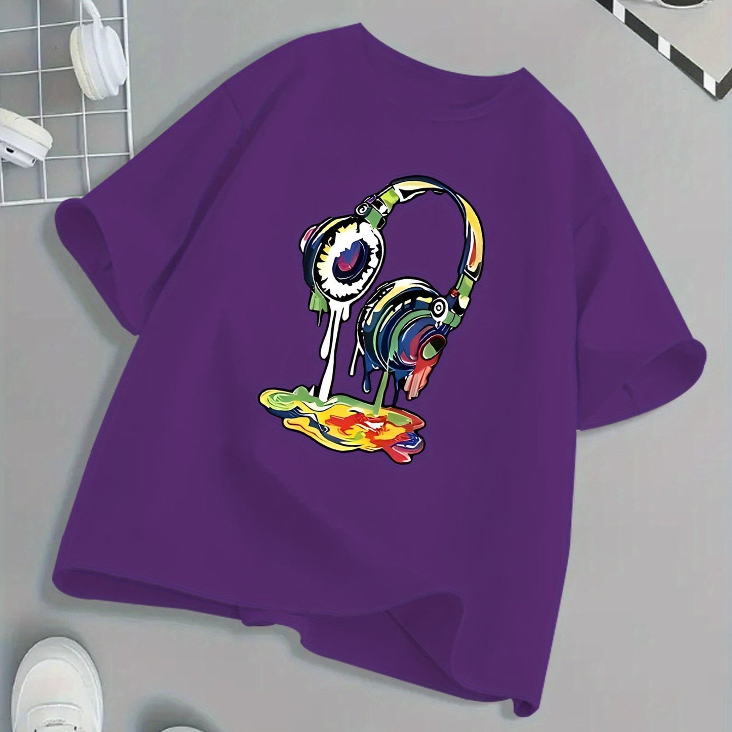 Kids Headphone Paint Print T-Shirt Vibrant Street Art Graphic Tee 10 Color Options 100 Percent Cotton Loose Fit Short Sleeve Summer Casual Wear for Boys and Girls Machine Washable Festive Children's Clothing Trendy Youth Fashion