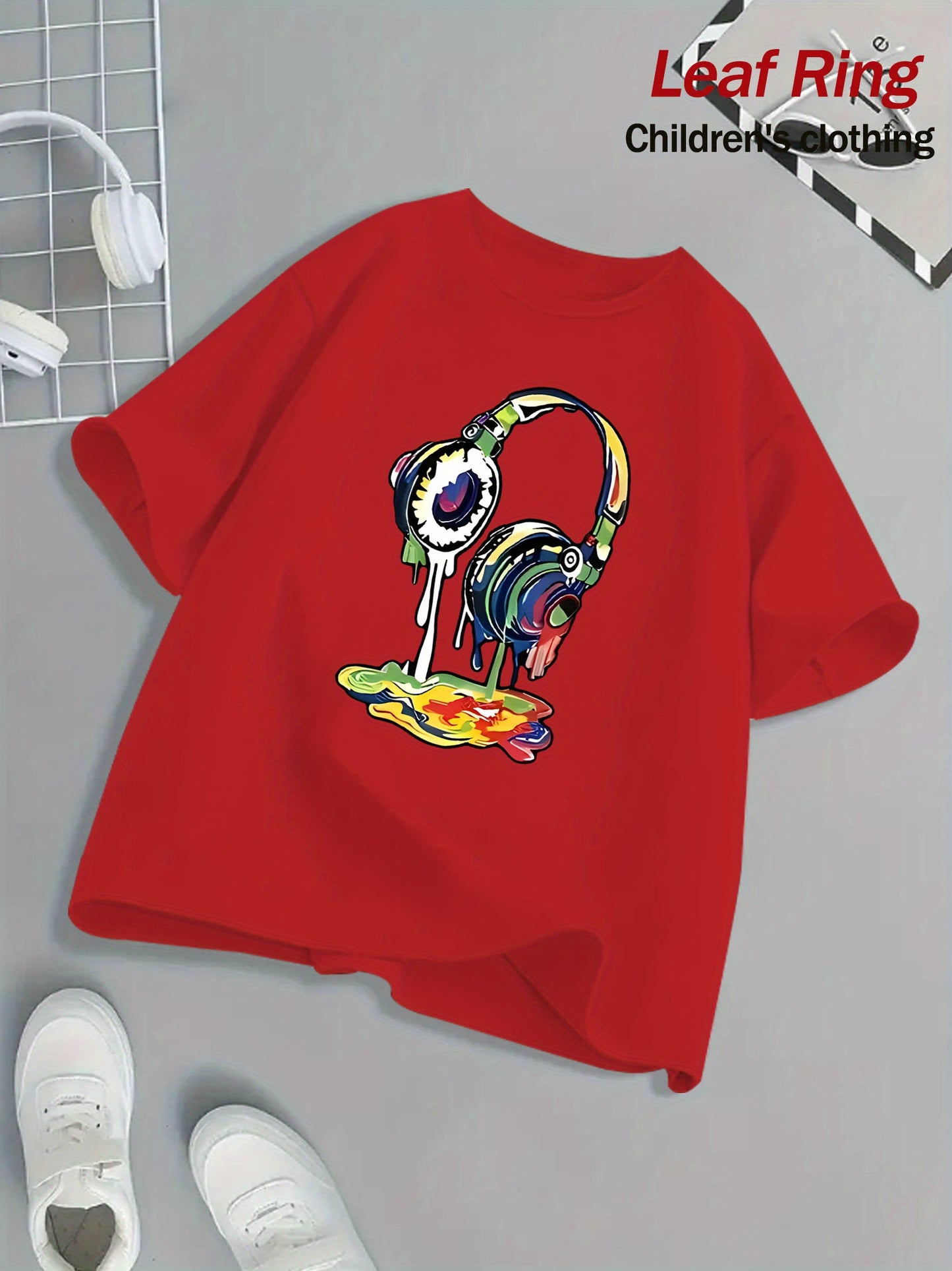 Kids Headphone Paint Print T-Shirt Vibrant Street Art Graphic Tee 10 Color Options 100 Percent Cotton Loose Fit Short Sleeve Summer Casual Wear for Boys and Girls Machine Washable Festive Children's Clothing Trendy Youth Fashion