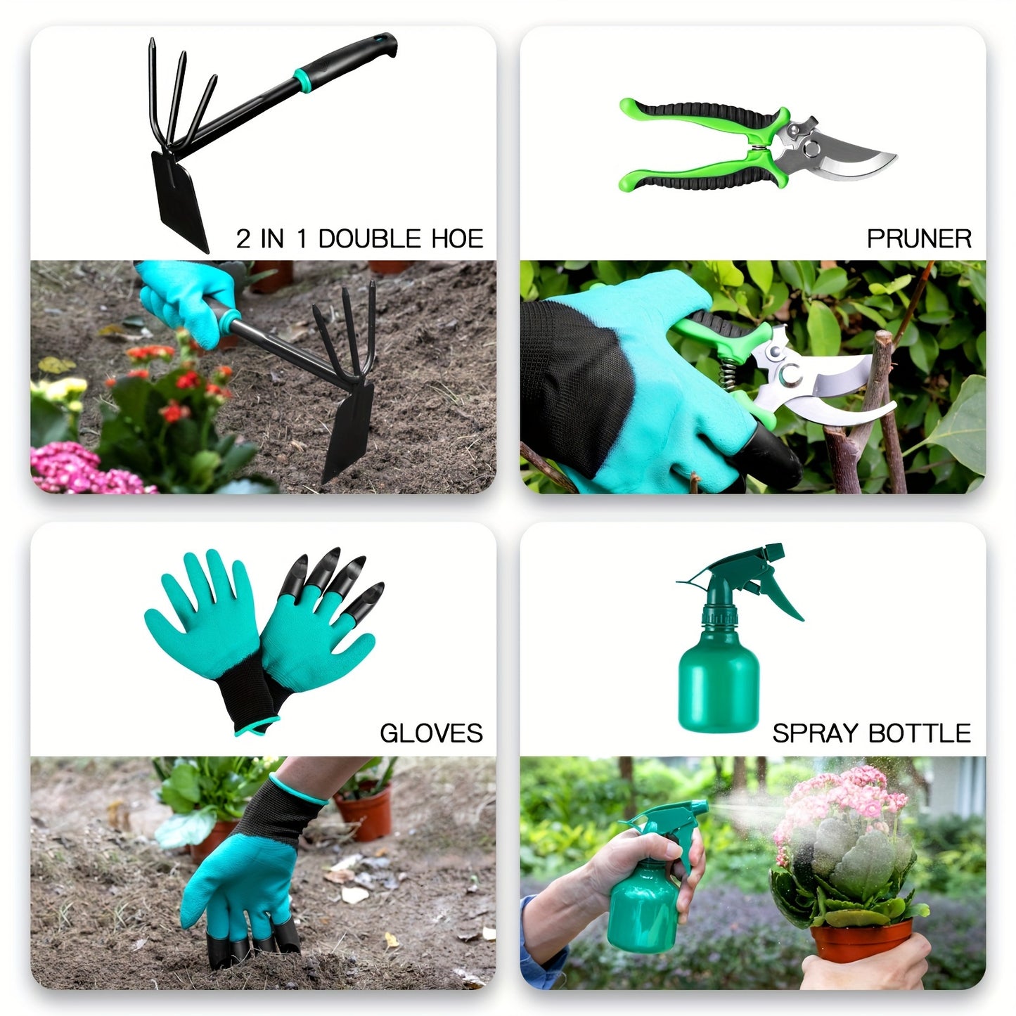 9 Piece Garden and Bonsai Care Tool Kit with Ergonomic Trowel 2 in 1 Hoe Rake Non Slip Shears Claw Gloves and Sprayer Bottle Durable Stainless Steel in Green and Black Perfect for Digging Weeding and Planting