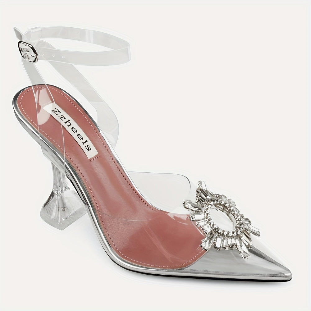 Women's Sparkling Rhinestone Embellished Ankle Strap Slingback High Heel Pumps Pointed Toe Summer Wedding Party Bridal Shoes Faux Cover Rubber Sole