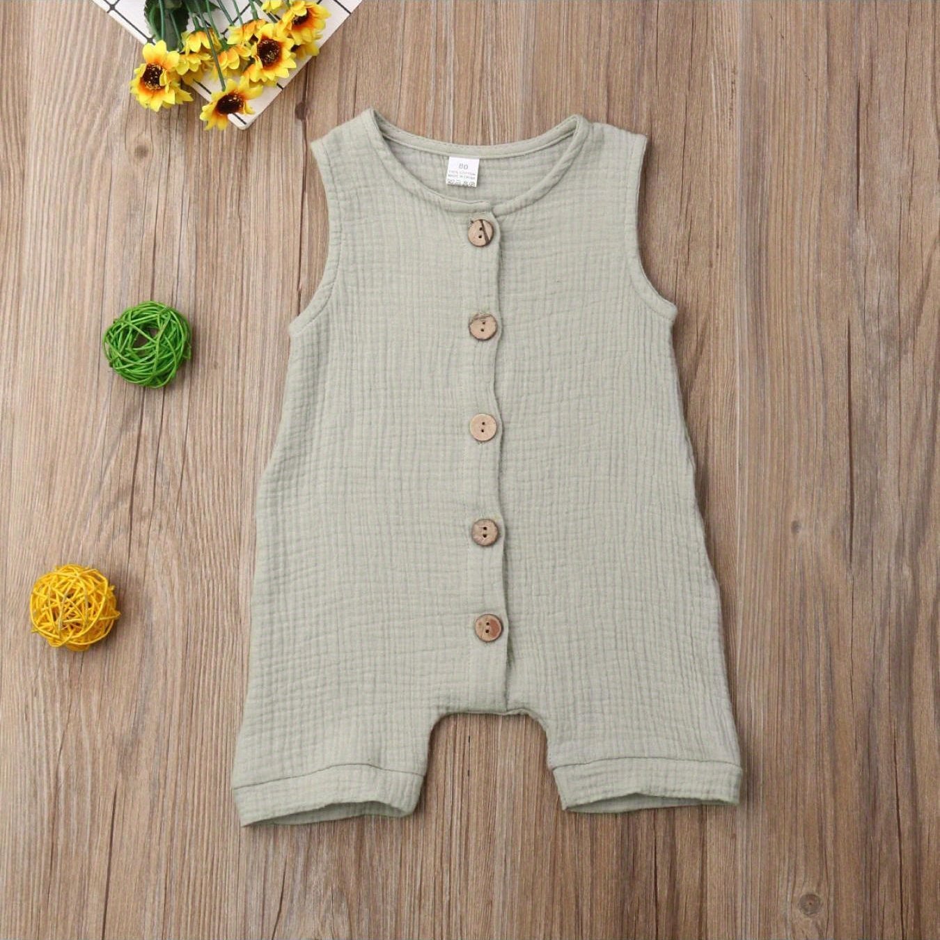 Newborn Baby Boy Sleeveless Solid Color Jumpsuit Crew Neck Button Romper Playsuit Summer Outdoor Clothes