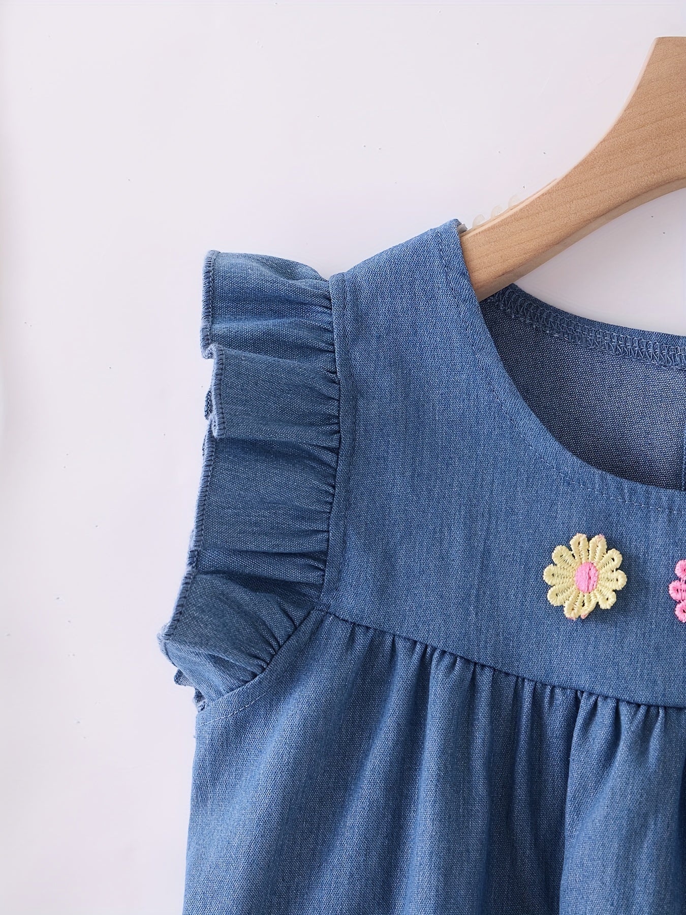 Girls Cotton Embroidered Denim Dress Frill Sleeve Loose Casual Fashion Dress