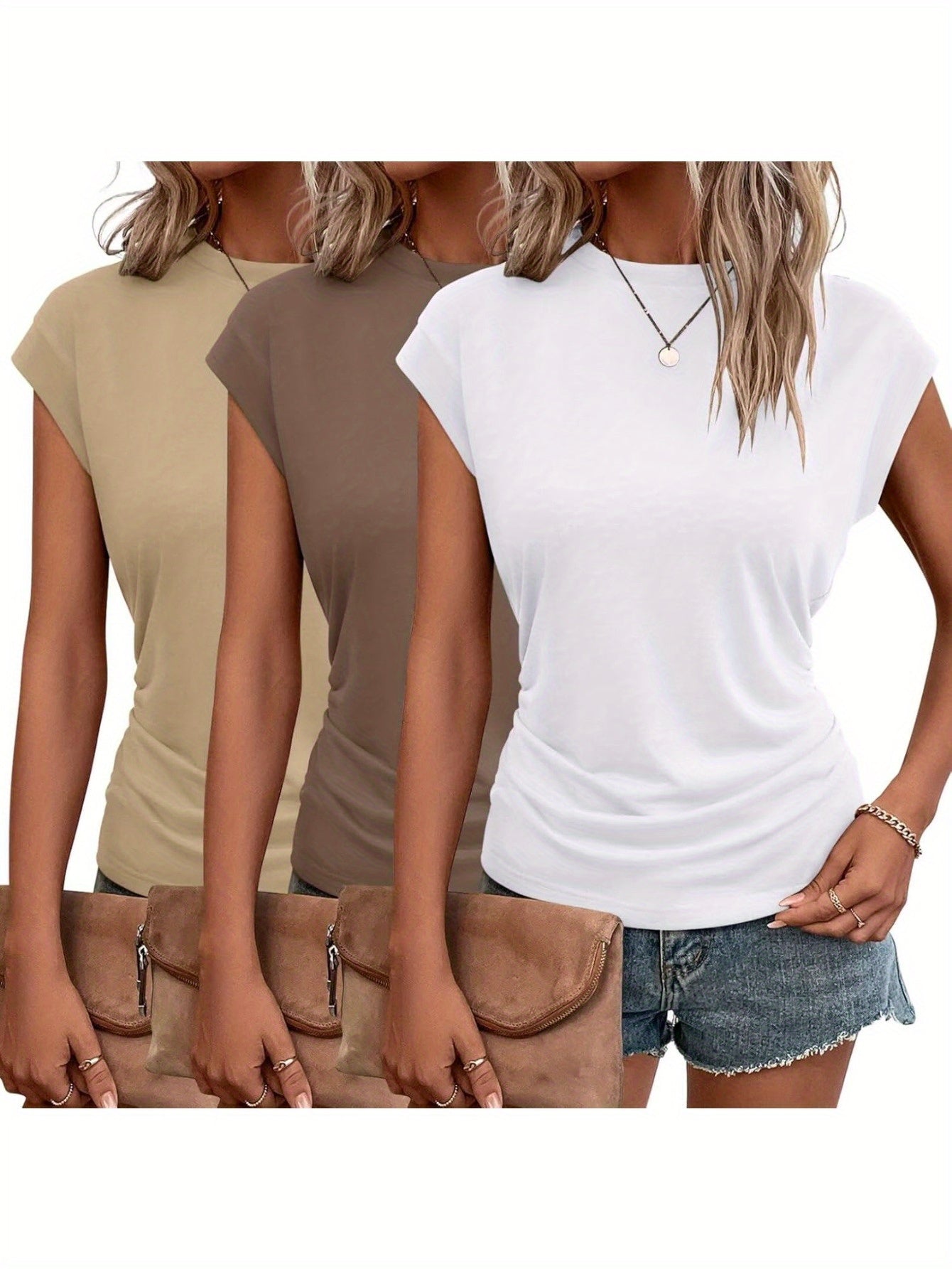 3-Pack Women's Cap Sleeve Crewneck T-Shirts for Versatile Style