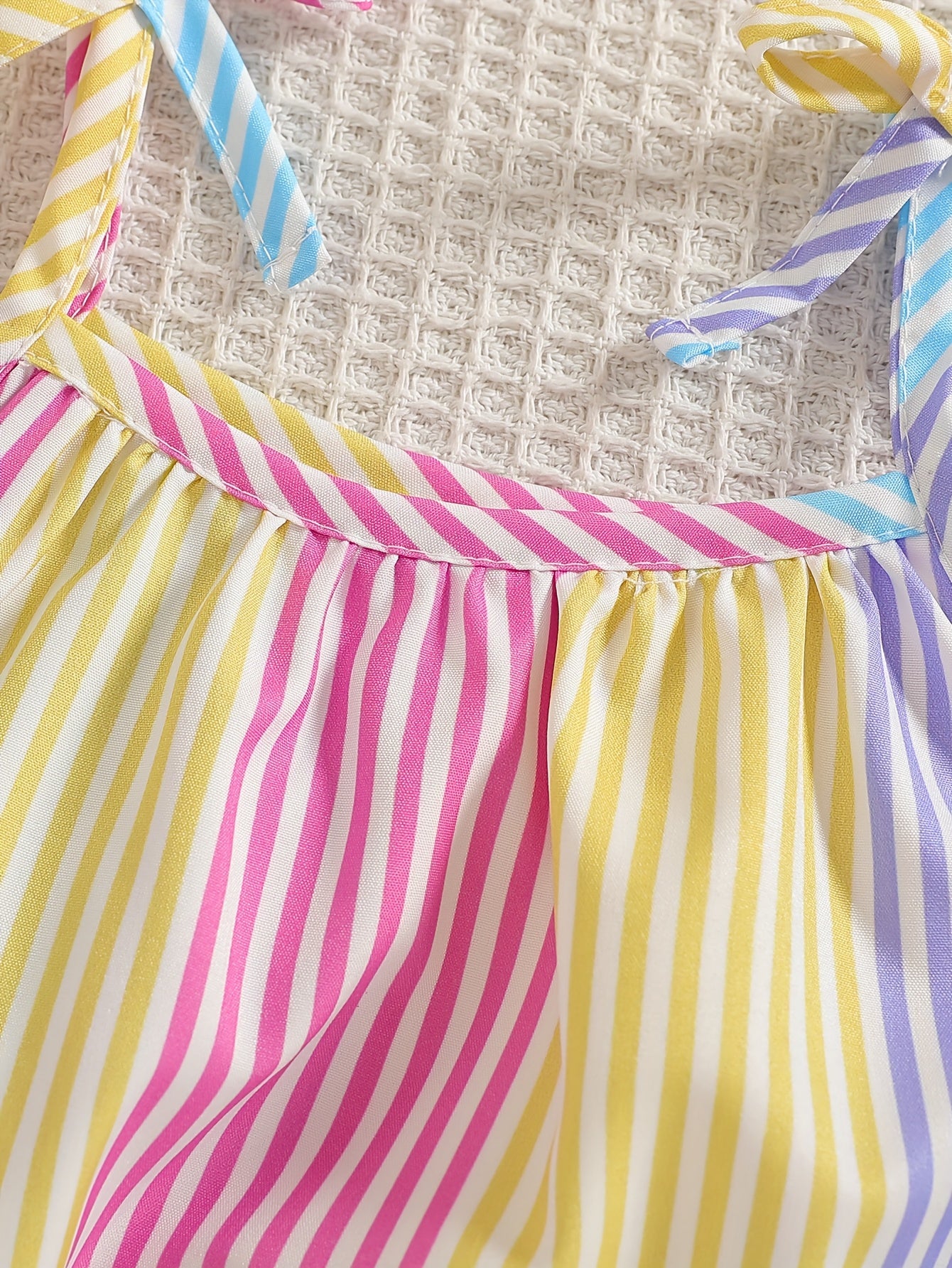 Adorable Rainbow Striped Sleeveless Dress for Girls with Ruffled Hem and Colorful Tie Shoulder Straps Perfect for Spring Summer Toddler Wear
