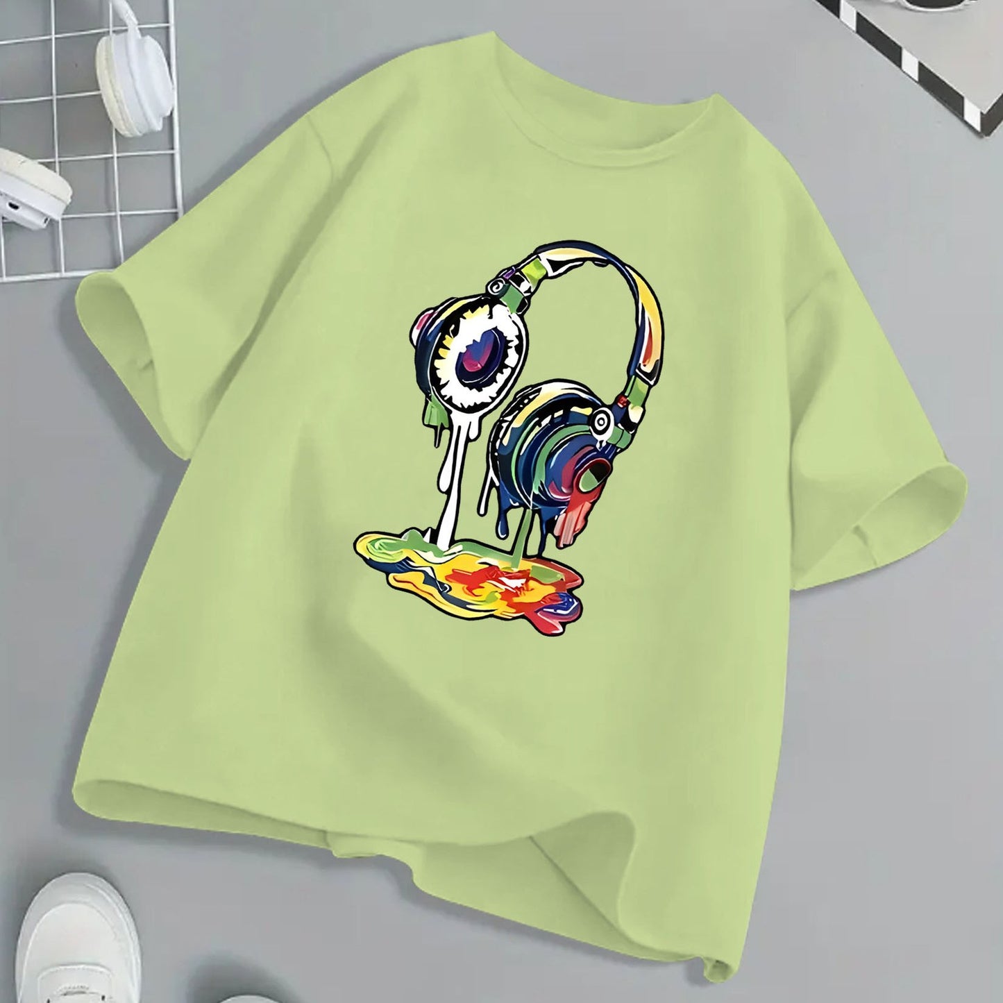 Kids Headphone Paint Print T-Shirt Vibrant Street Art Graphic Tee 10 Color Options 100 Percent Cotton Loose Fit Short Sleeve Summer Casual Wear for Boys and Girls Machine Washable Festive Children's Clothing Trendy Youth Fashion
