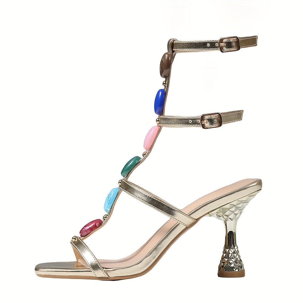 Women’s Fashion Gemstone Embellished High Heels Golden Ankle Strap Sandals with Colorful Stone Accents Lightweight Summer Dress Pumps for Festive Occasions Durable TPU Sole