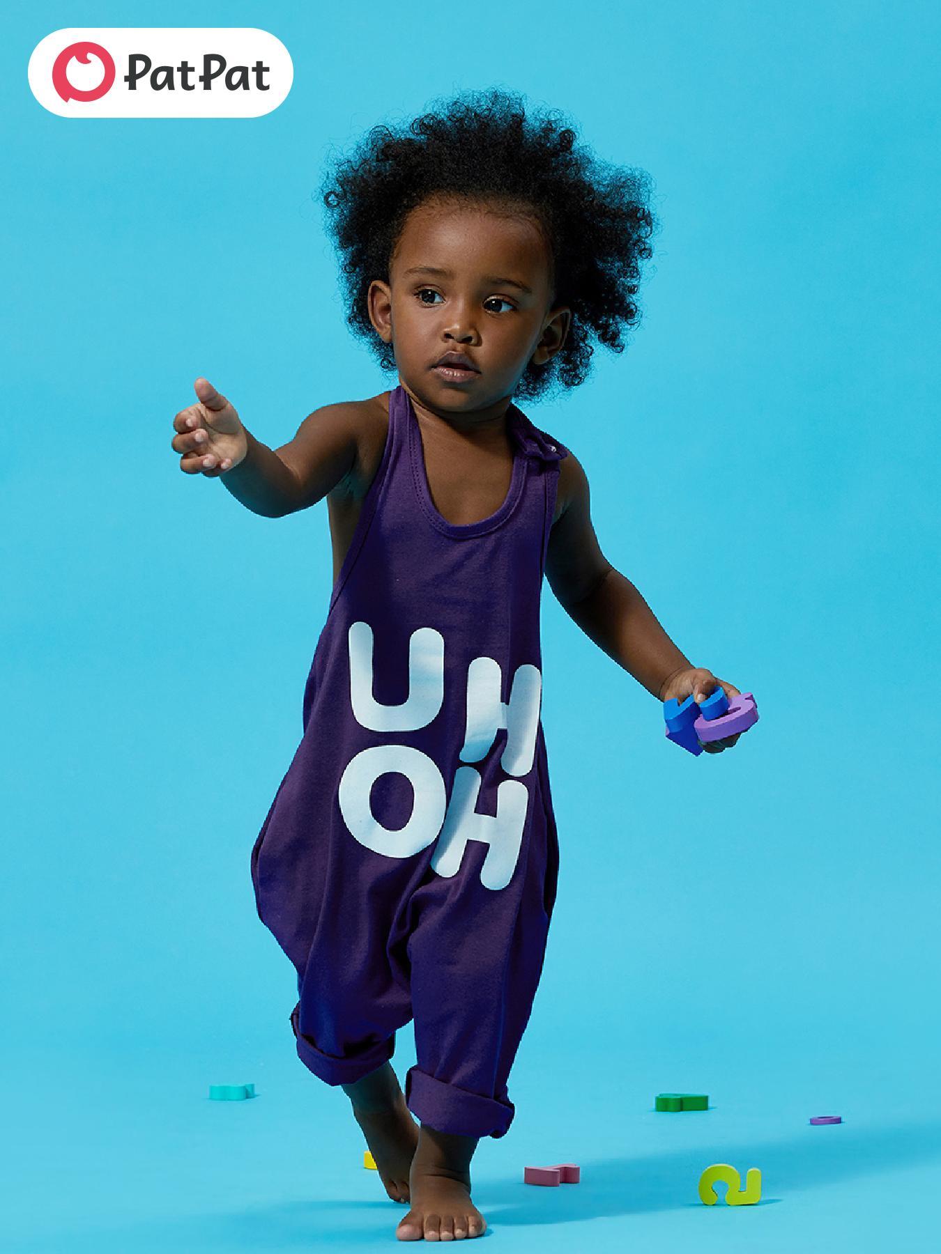 Stylish PatPat Baby Girl Boy Loose Letters Print Sleeveless Summer Backless Halter Jumpsuit for Outdoor Use