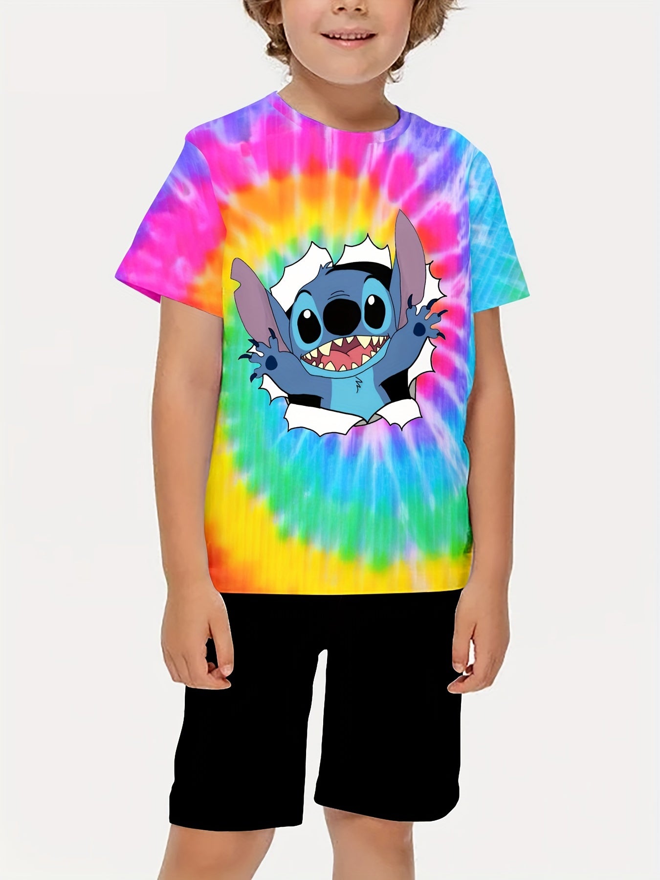 Lilo And Stitch Boys Smiling Character Tie Dye T Shirt Vibrant Blue And Yellow Cartoon Graphic 100 Percent Polyester Regular Fit Short Sleeve Machine Washable For Spring Summer Fall Casual Wear Shirts