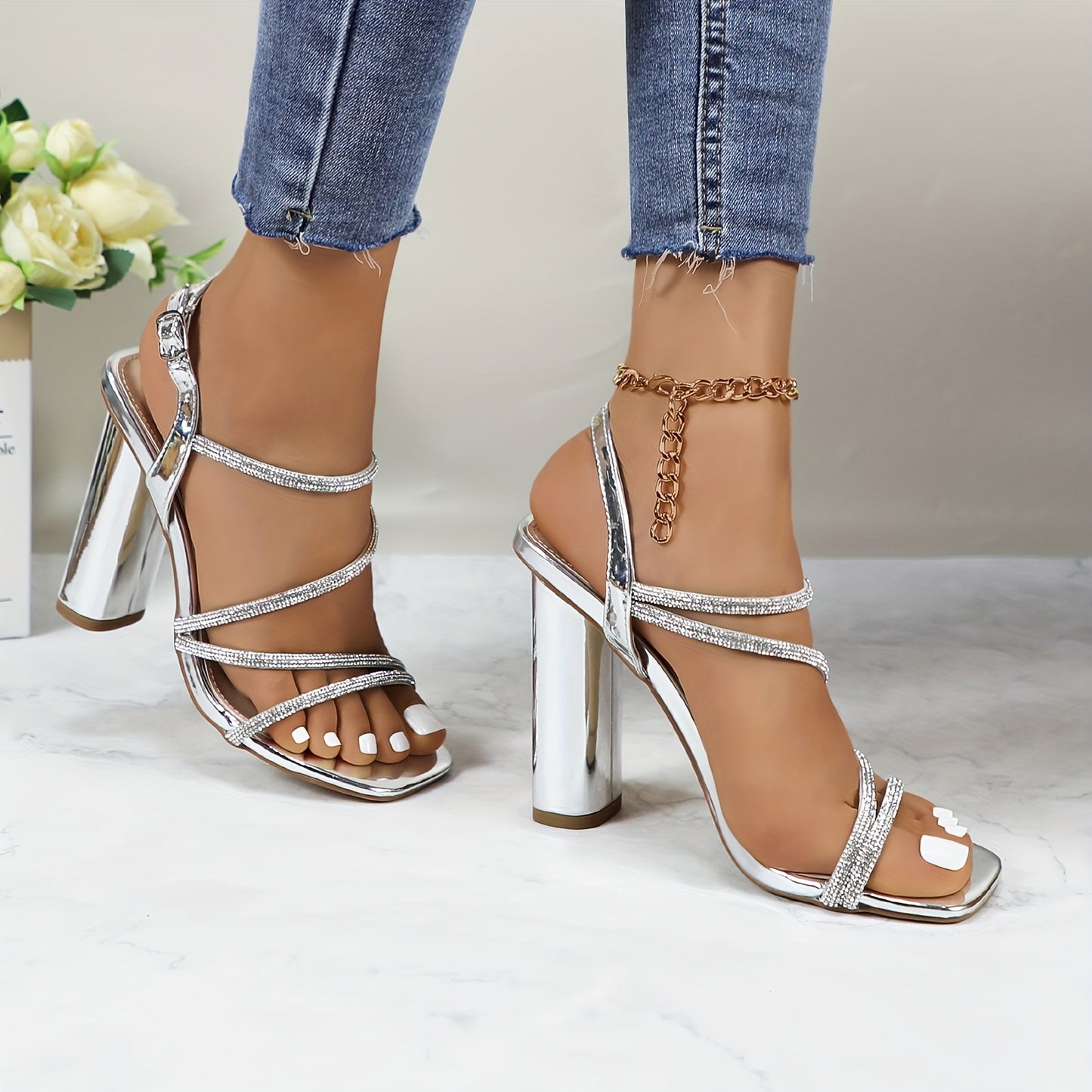 Glaze Womens Silvery Rhinestone Open Toe Strappy High Heel Sandals Ankle Strap for Wedding Party Office