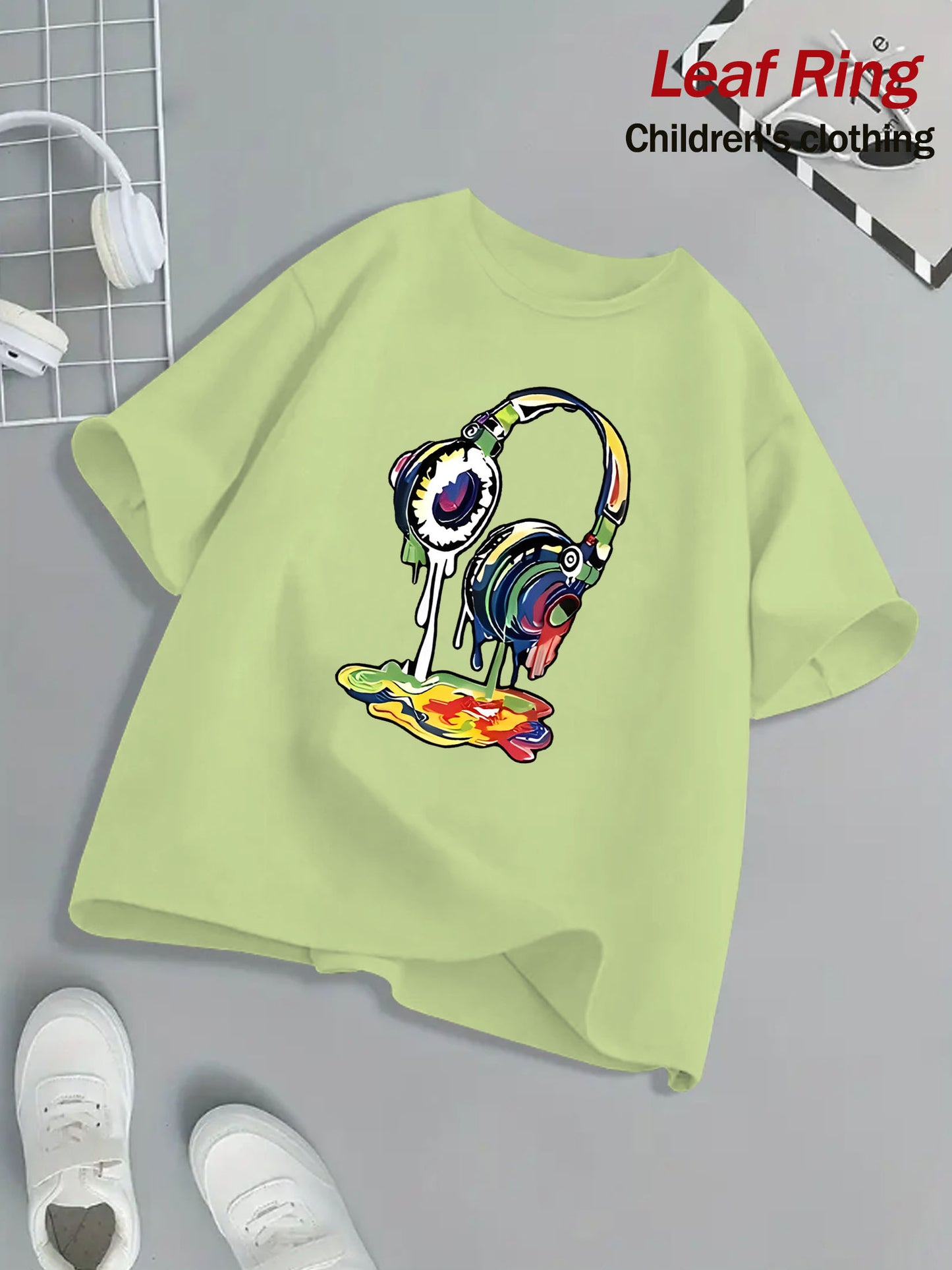 Kids Headphone Paint Print T-Shirt Vibrant Street Art Graphic Tee 10 Color Options 100 Percent Cotton Loose Fit Short Sleeve Summer Casual Wear for Boys and Girls Machine Washable Festive Children's Clothing Trendy Youth Fashion