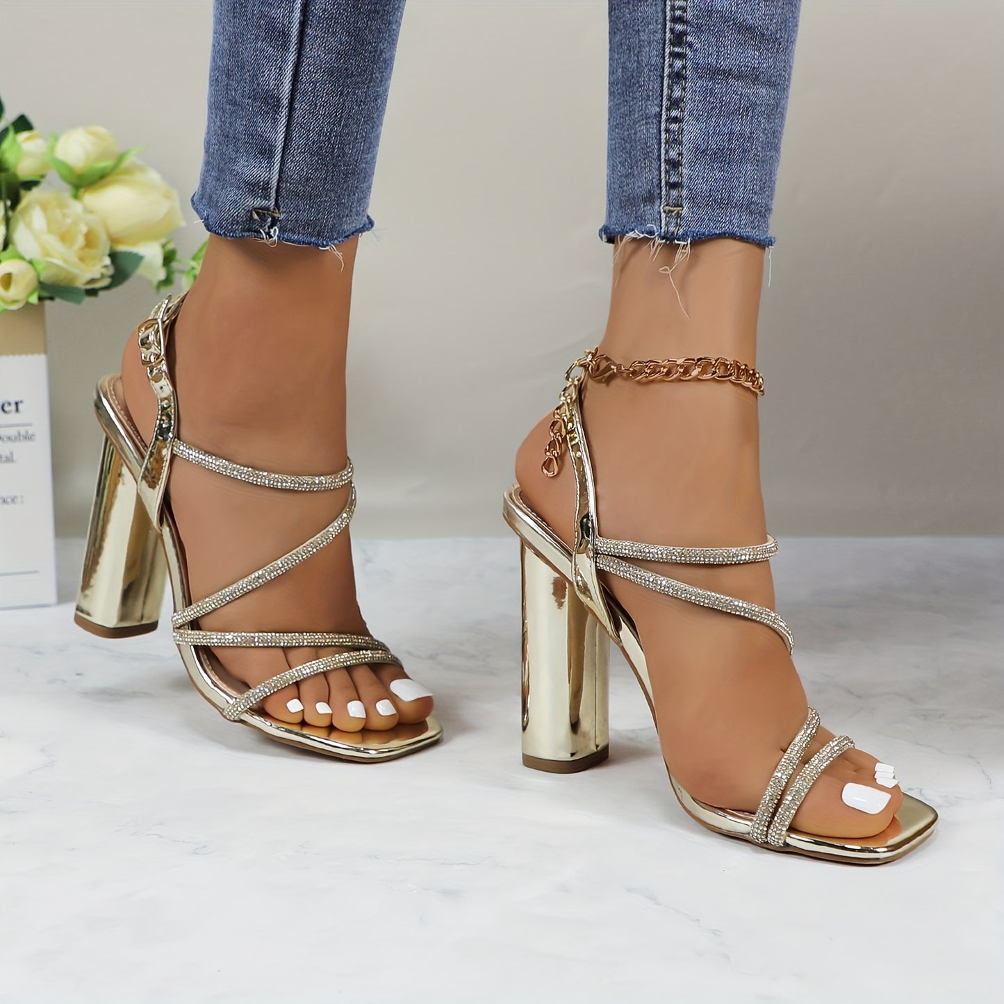 Glaze Womens Silvery Rhinestone Open Toe Strappy High Heel Sandals Ankle Strap for Wedding Party Office