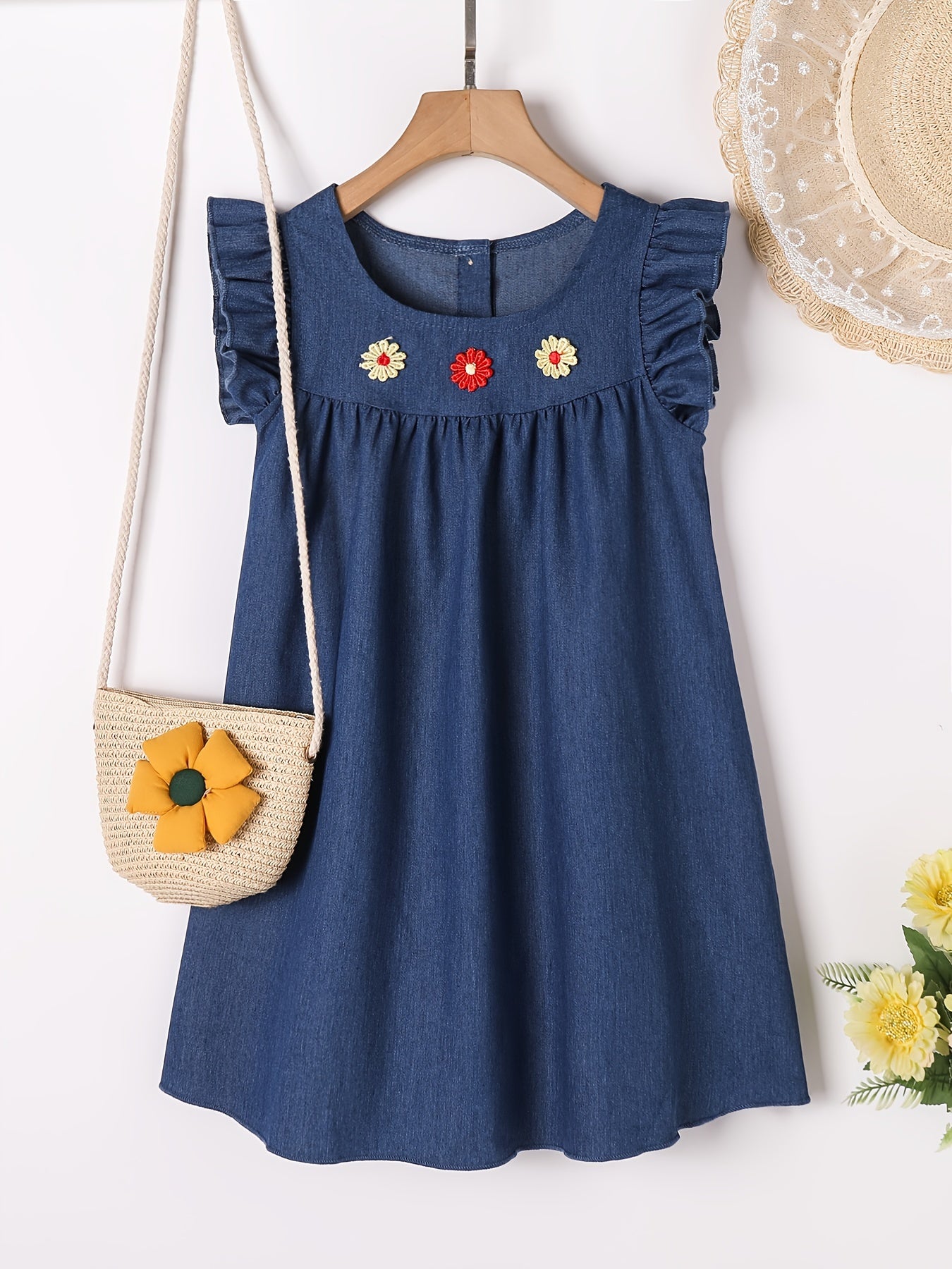 Girls Cotton Embroidered Denim Dress Frill Sleeve Loose Casual Fashion Dress