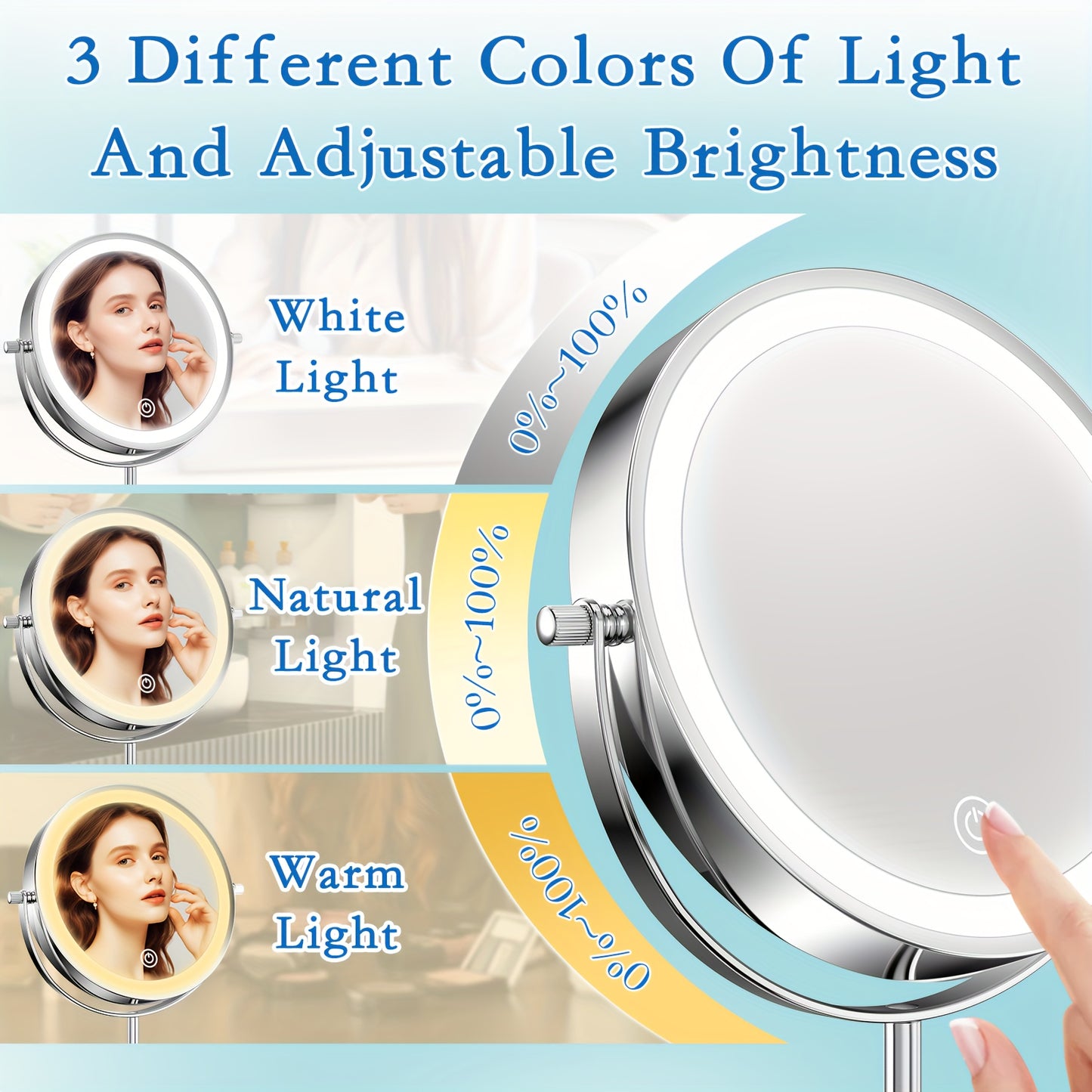 Lighted Rechargeable Vanity Mirror with Adjustable Height and Double Sided