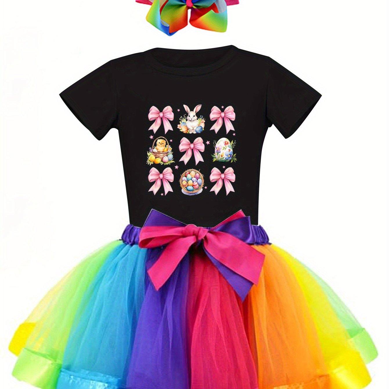 Rainbow Print Three-Piece Skirt Outfit Colorful Tutu Skirt Set for Outdoor Leisure and Home Wear