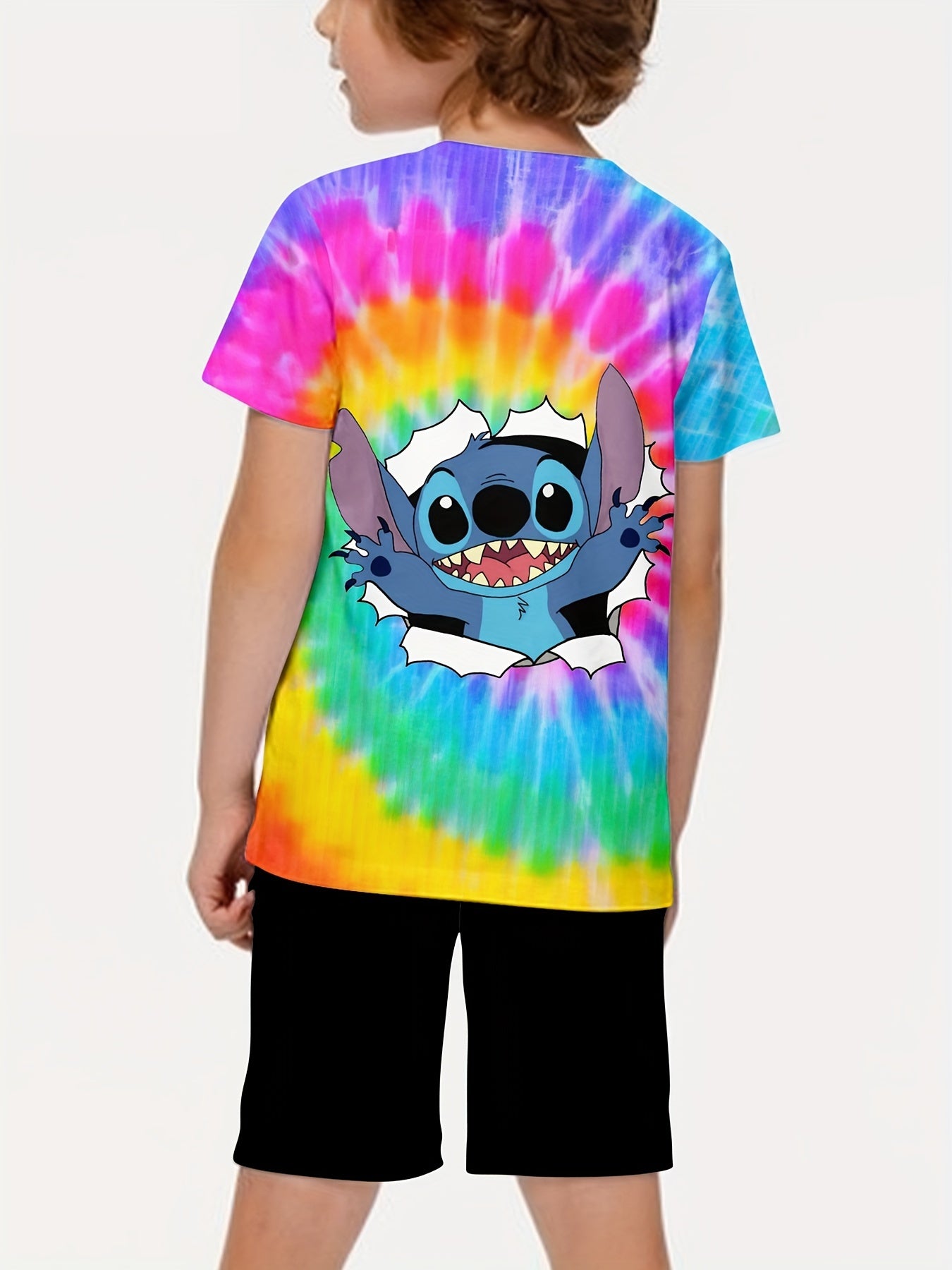 Lilo And Stitch Boys Smiling Character Tie Dye T Shirt Vibrant Blue And Yellow Cartoon Graphic 100 Percent Polyester Regular Fit Short Sleeve Machine Washable For Spring Summer Fall Casual Wear Shirts