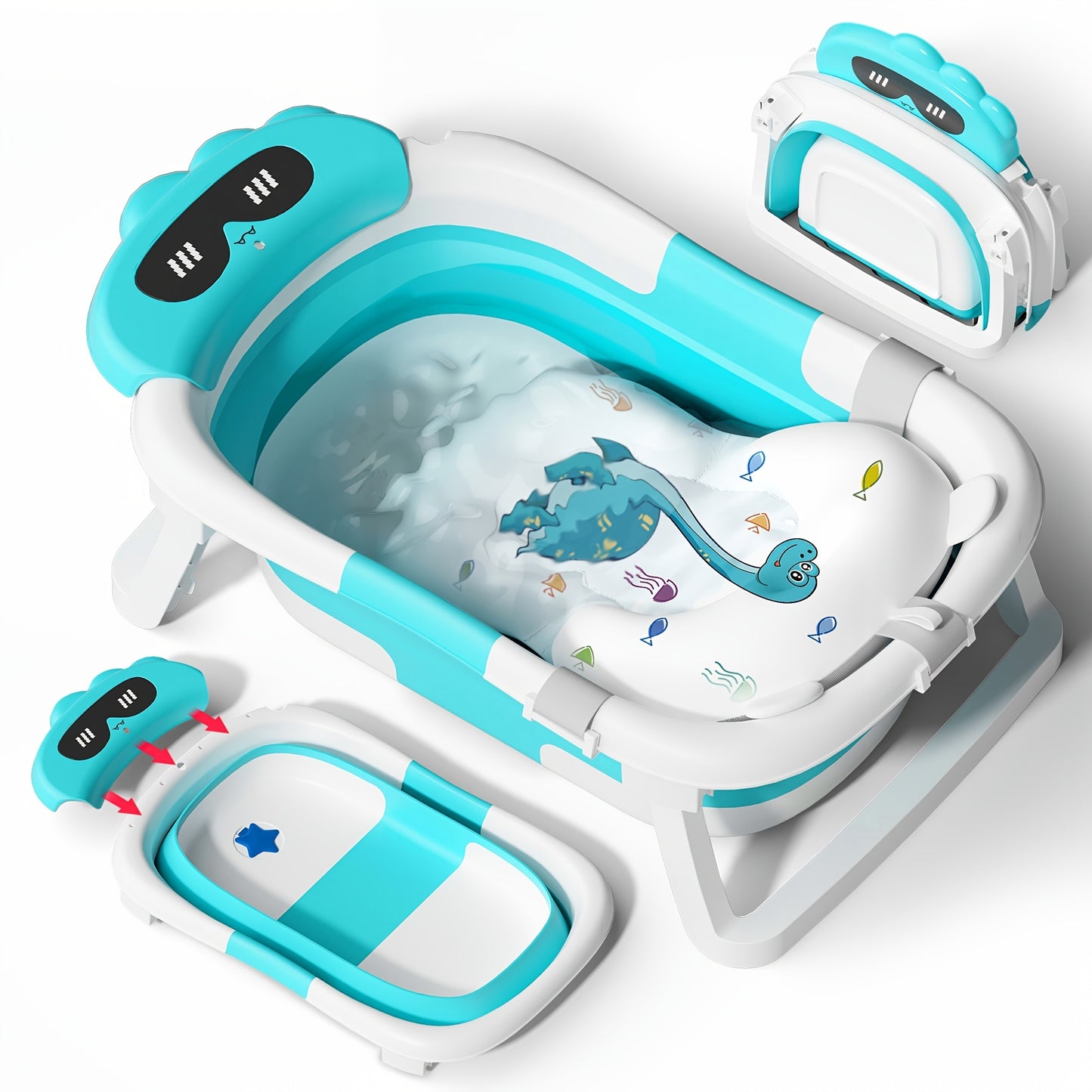 Collapsible Baby Bath Tub with Soft Cushion and Heat Sensitive Drain