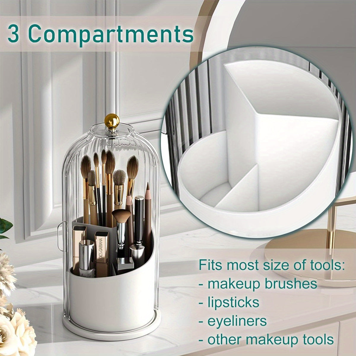 Rotating Makeup Brush Holder with Lid for Organized Vanity