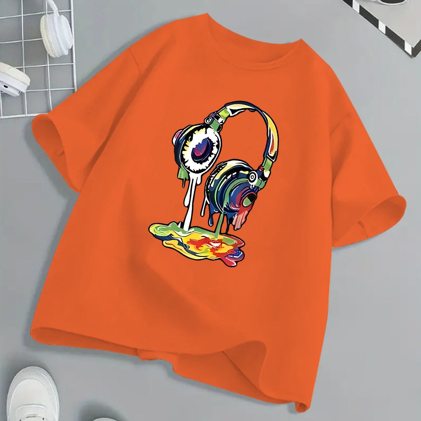 Kids Headphone Paint Print T-Shirt Vibrant Street Art Graphic Tee 10 Color Options 100 Percent Cotton Loose Fit Short Sleeve Summer Casual Wear for Boys and Girls Machine Washable Festive Children's Clothing Trendy Youth Fashion