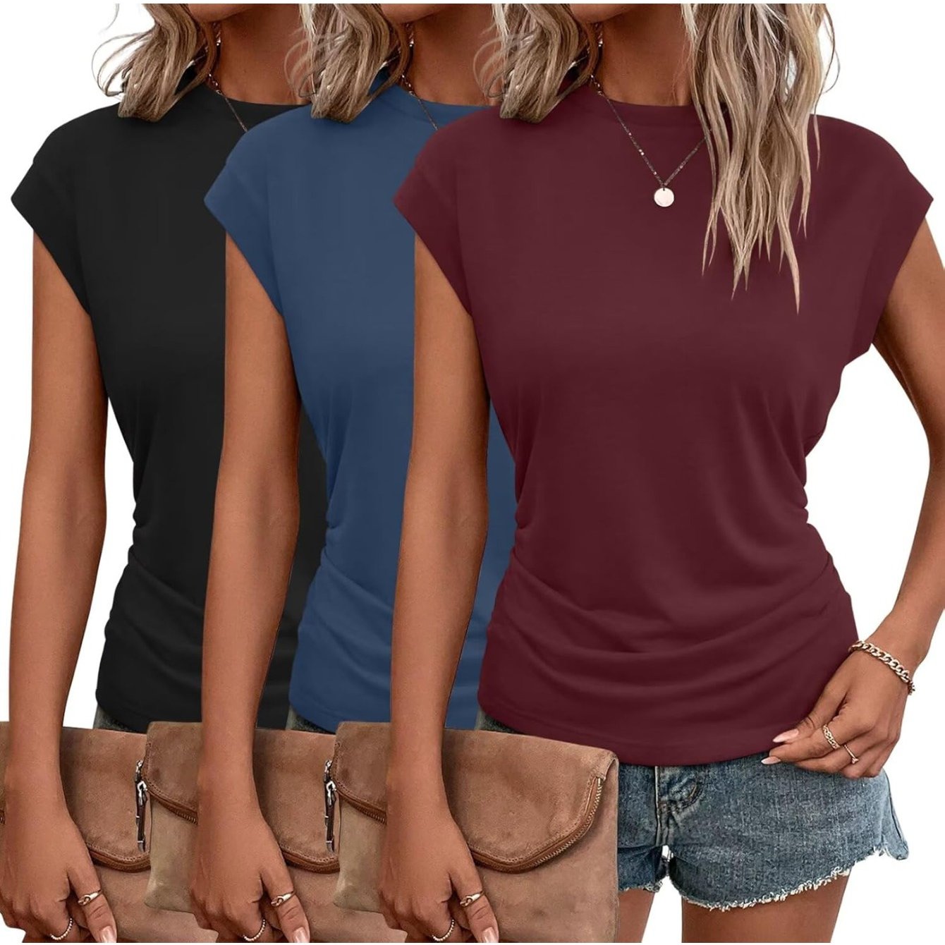3-Pack Women's Cap Sleeve Crewneck T-Shirts for Versatile Style