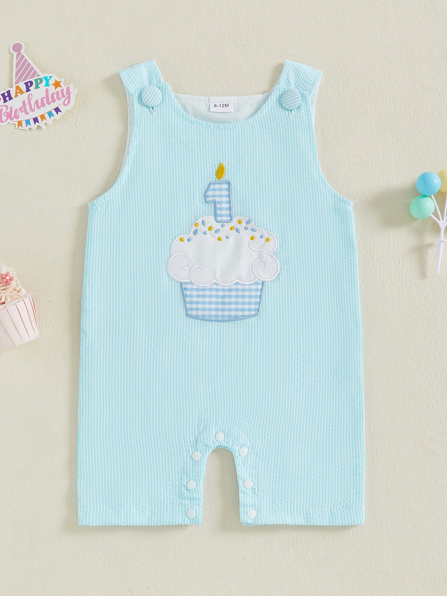 Baby Boys Rompers Birthday Clothes Cake Embroidery Stripe Summer Sleeveless Overalls Bodysuits Jumpsuits for Outdoor