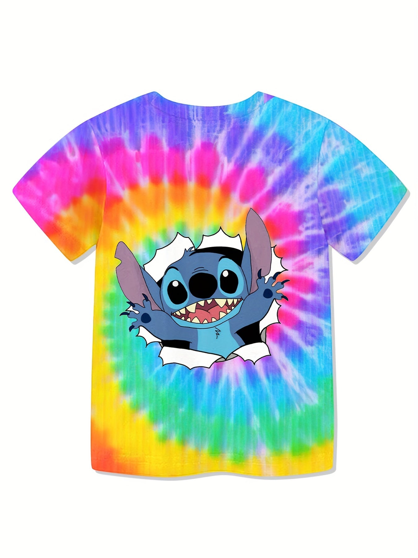 Lilo And Stitch Boys Smiling Character Tie Dye T Shirt Vibrant Blue And Yellow Cartoon Graphic 100 Percent Polyester Regular Fit Short Sleeve Machine Washable For Spring Summer Fall Casual Wear Shirts