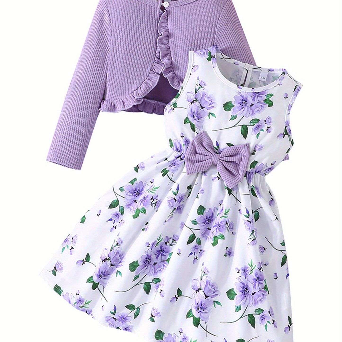 Girl Dress Set Floral Print Round Neck Bow A Line Tank Dress With Ruffled Ribbed Cardigan