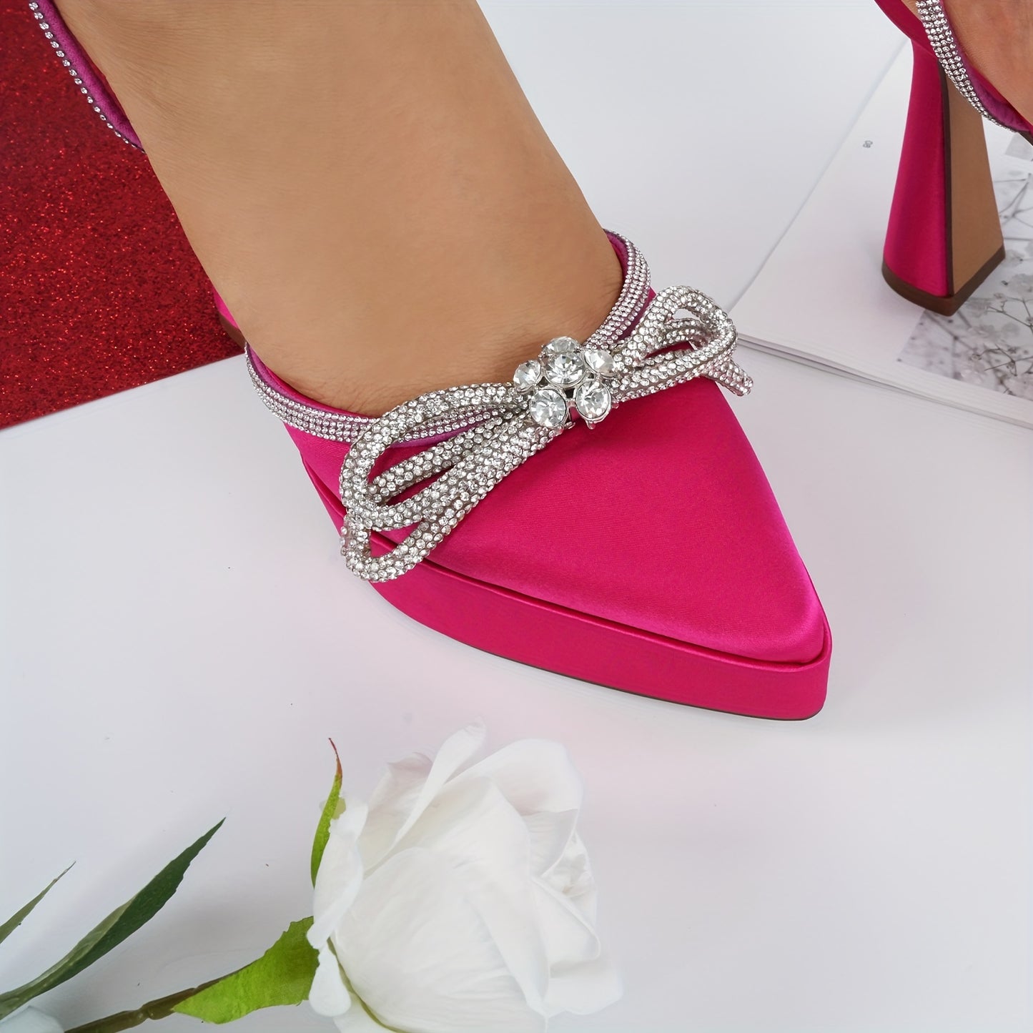 Black Rhinestone Stiletto Sandals for Women 5 Inch High Heel Pointed Toe Platform Shoes with Bow Non Slip Rubber Sole Elegant for Party Prom and Valentine's Day Gifts
