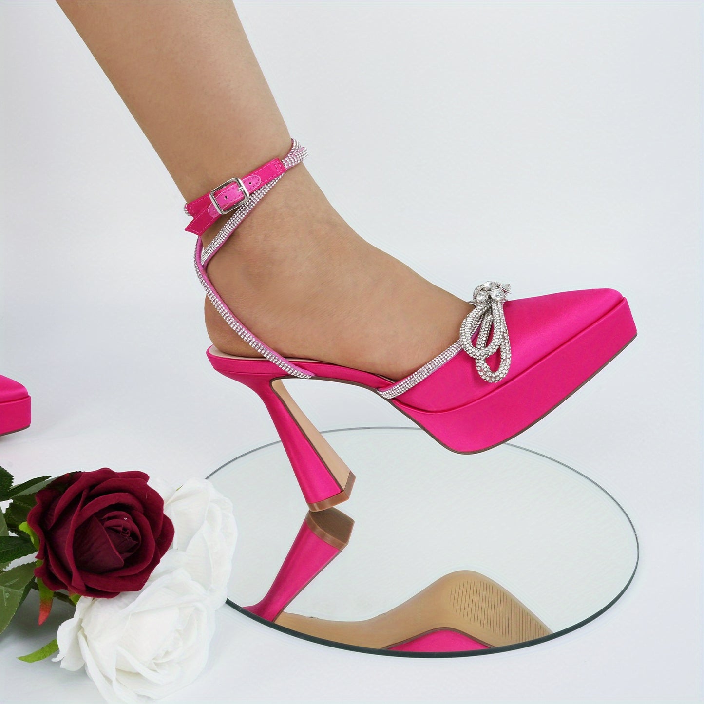 Women's Platform Heels Ankle Strap Pumps High Heeled Pointed Toe Stiletto Sandals with Rhinestones and Bow Knot for Party and Prom
