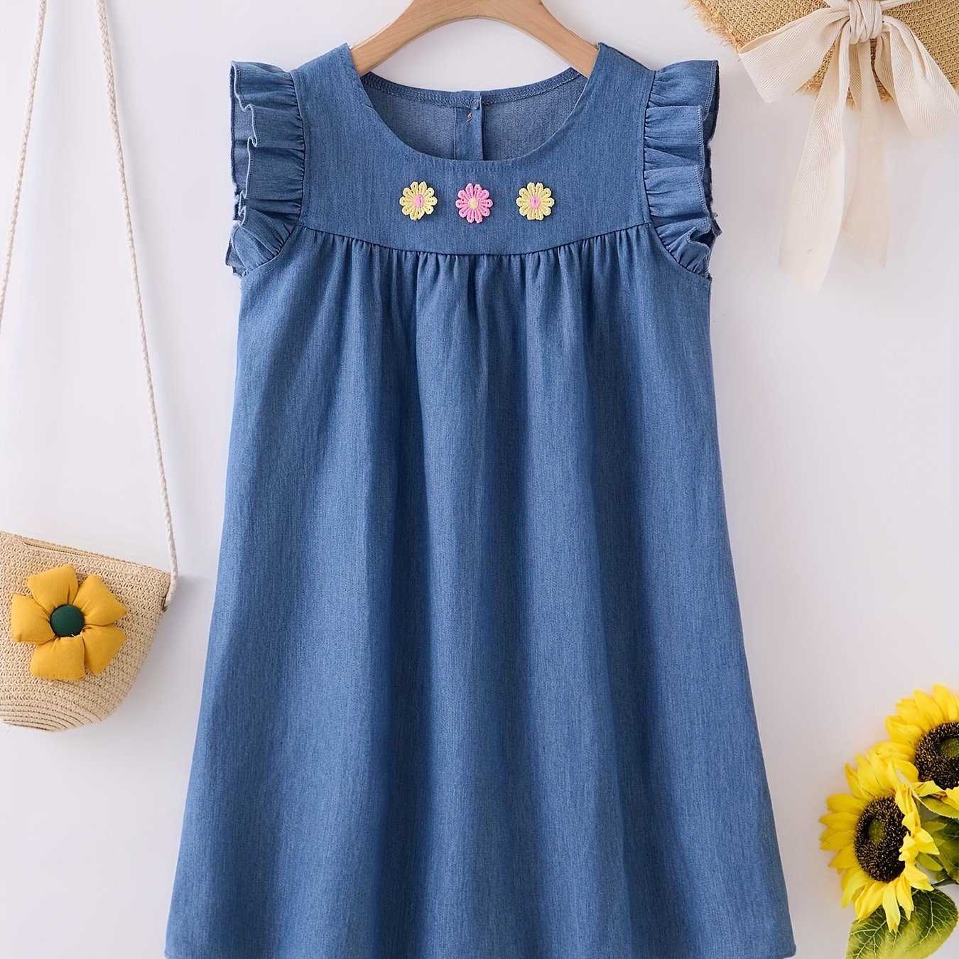 Girls Cotton Embroidered Denim Dress Frill Sleeve Loose Casual Fashion Dress