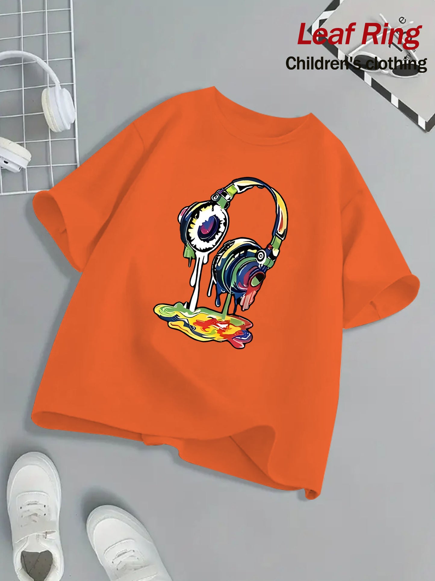 Kids Headphone Paint Print T-Shirt Vibrant Street Art Graphic Tee 10 Color Options 100 Percent Cotton Loose Fit Short Sleeve Summer Casual Wear for Boys and Girls Machine Washable Festive Children's Clothing Trendy Youth Fashion