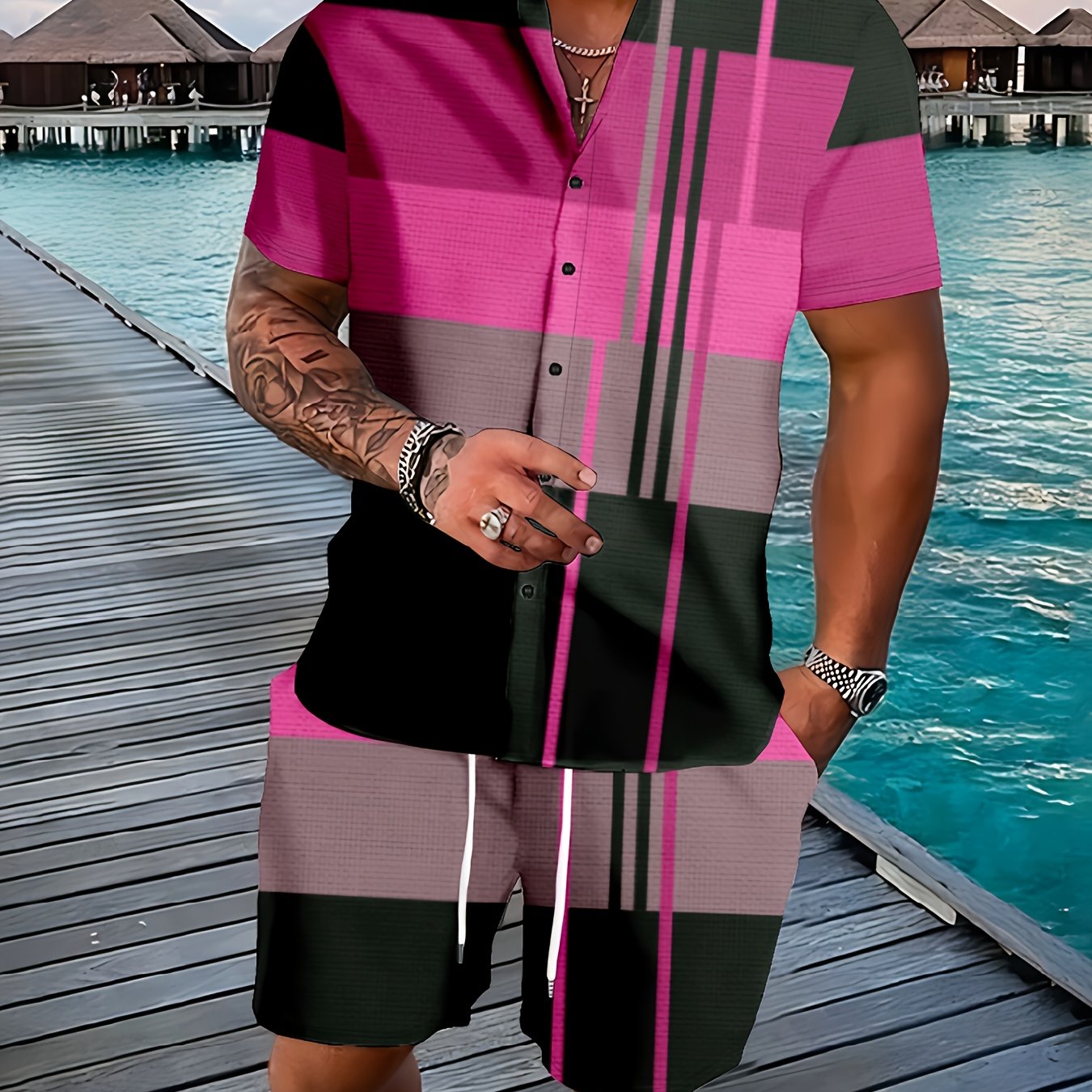 Men's Graphic Plaid Shirt Set for Casual Outdoor Style