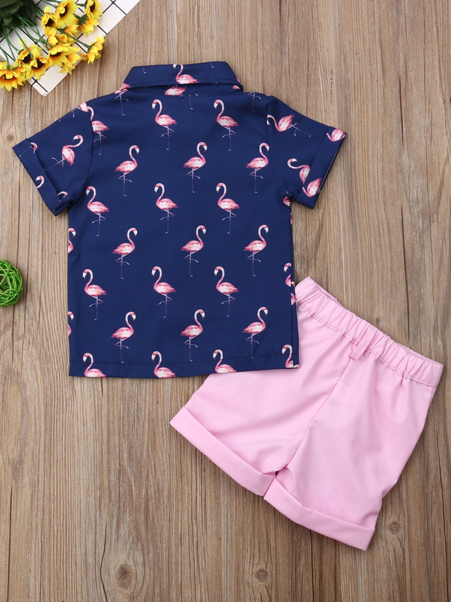 Youngsters Boys Summer Flamingo Print Shirt and Solid Shorts Clothes Set for Outdoor Fun