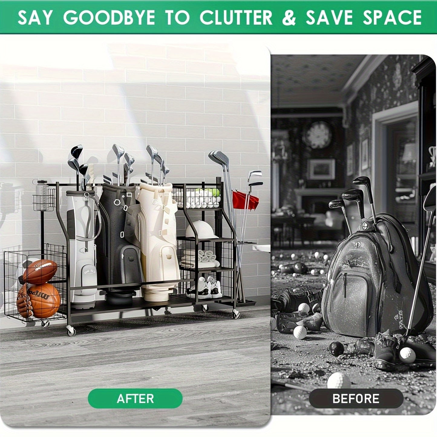 Golf Equipment Organizer With Wheels For Home And Garage