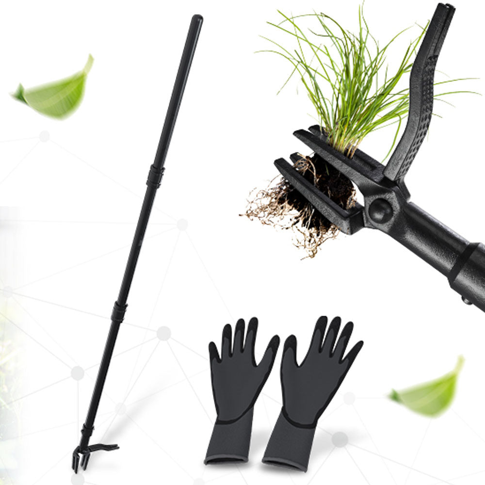 Weeder Kit with Gardening Gloves Long Handled Weeder Tool Standing Weeder with 4 Claw Steel Tip Garden Weeder Tool for Easy Weed Removal Without Bending or Kneeling