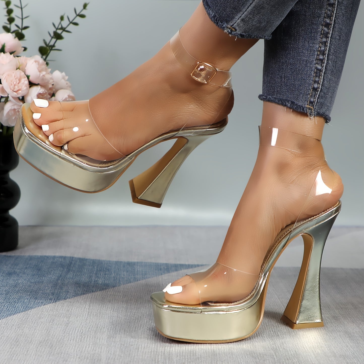 Platform Heels for Women 5 Inch Chunky Heels Sandals Comfy Open Toe Block Heeled Ankle Strappy Heels Clear High Heeled Sandals Stylish and Sexy Perfect for Weddings and Parties