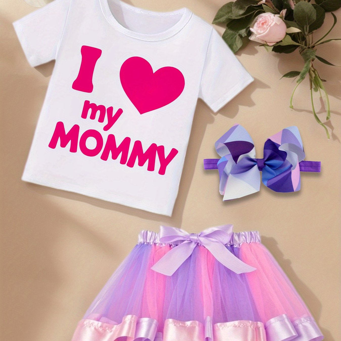 Girl I Love My Mommy T-Shirt Tutu Skirt And Headband Set Pink And Purple Outfit For Girls