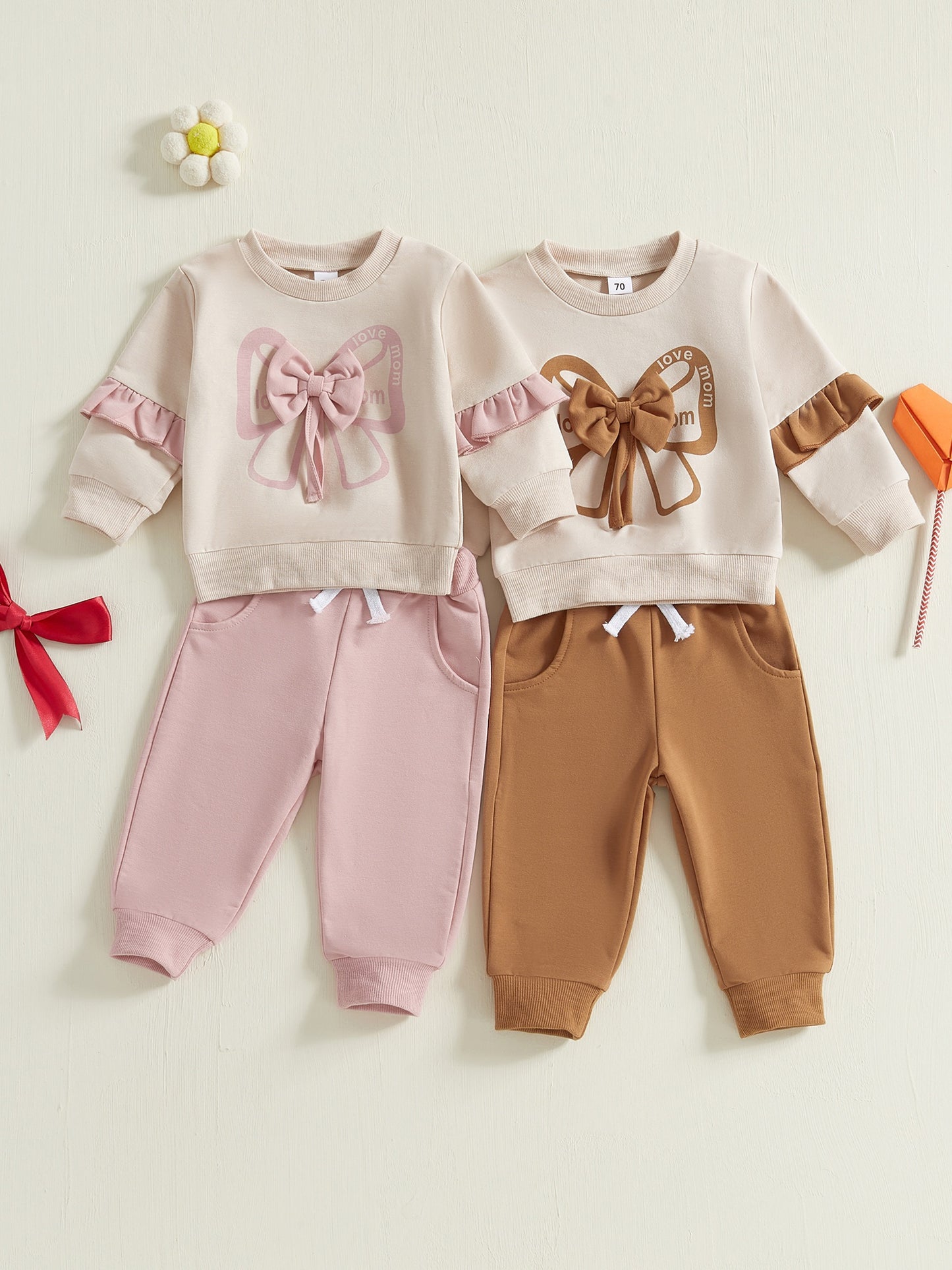 Girls Bow Sweatshirt and Sweatpants 2 Piece Outfit Set