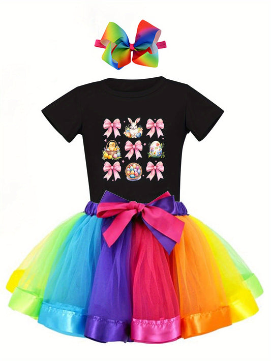 Rainbow Print Three-Piece Skirt Outfit Colorful Tutu Skirt Set for Outdoor Leisure and Home Wear