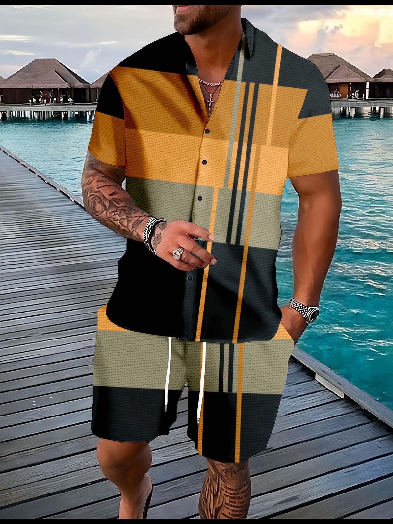 Men's Graphic Plaid Shirt Set for Casual Outdoor Style