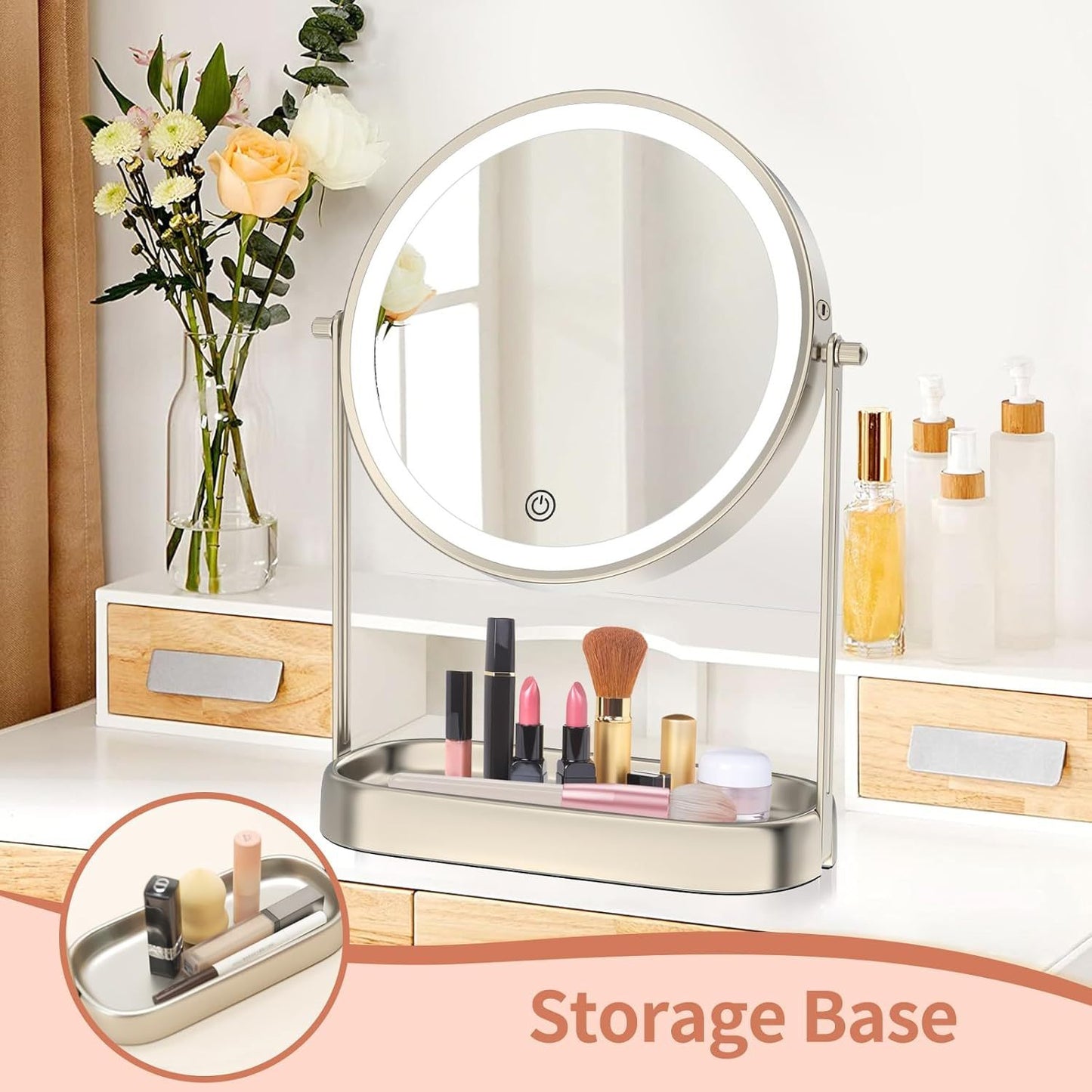 Lighted Rechargeable Makeup Mirror with Adjustable Brightness and Storage
