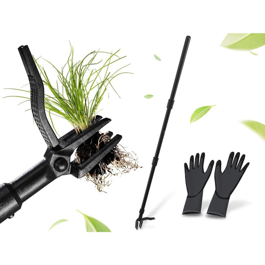 Weeder Kit with Gardening Gloves Long Handled Weeder Tool Standing Weeder with 4 Claw Steel Tip Garden Weeder Tool for Easy Weed Removal Without Bending or Kneeling