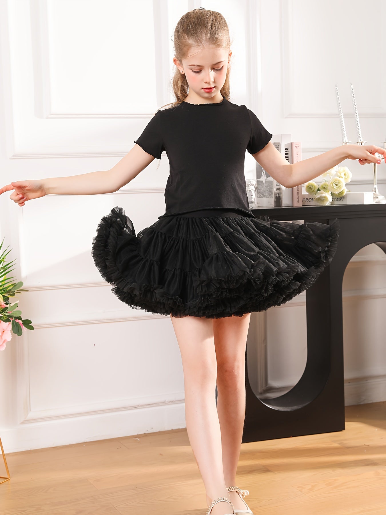 Elegant Girls 2pcs Solid Crew Neck Short Sleeve T-shirt Top and Tutu Skirt Set for Summer Party Gift