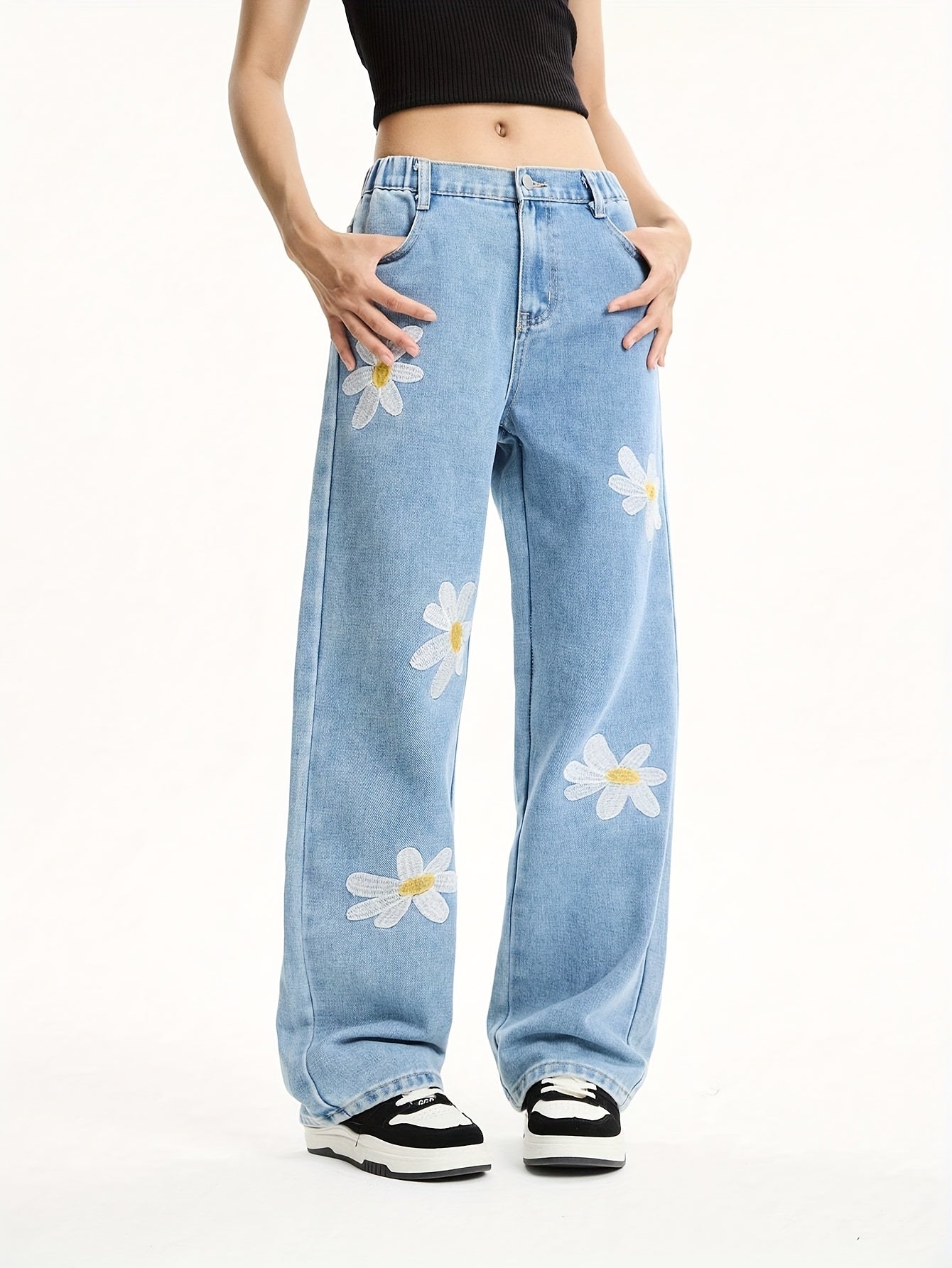 Teen Girls Vintage Loose Fit Floral Print Denim Casual Jeans