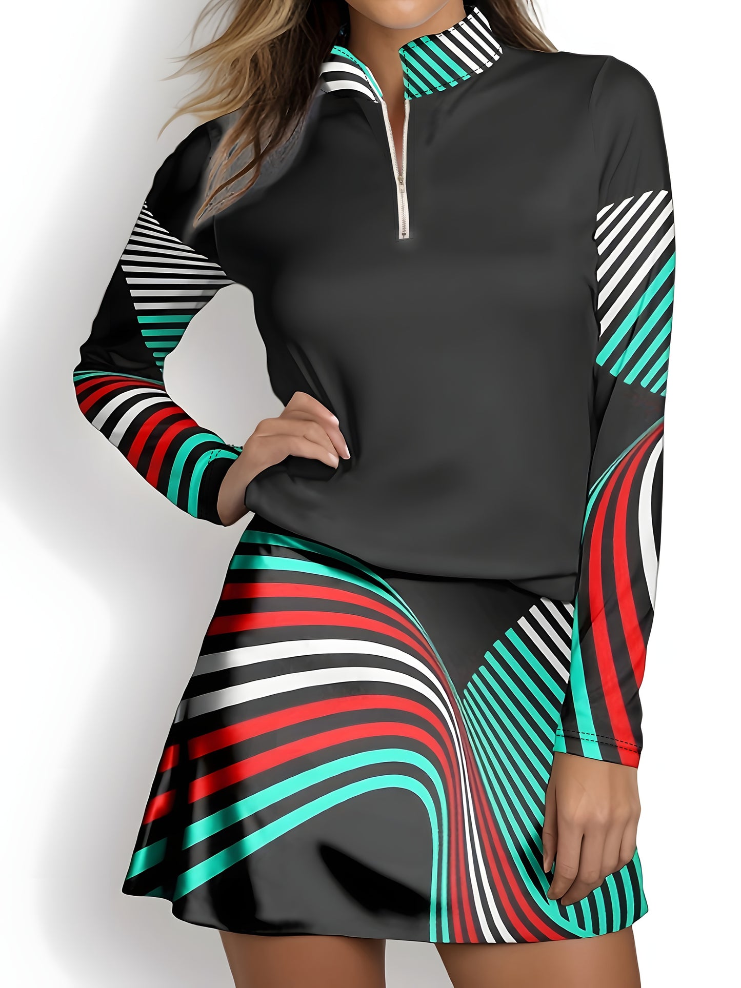 Color Block Zipper Polo Shirt for Women’s Active Sportswear
