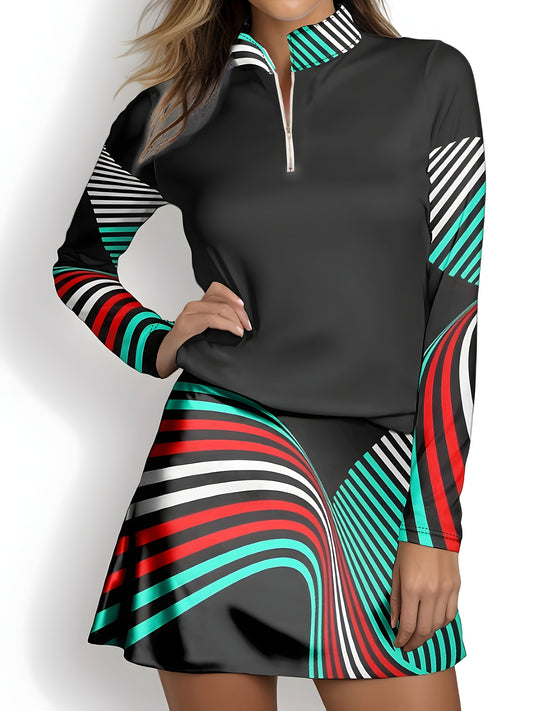 Color Block Zipper Polo Shirt for Women’s Active Sportswear
