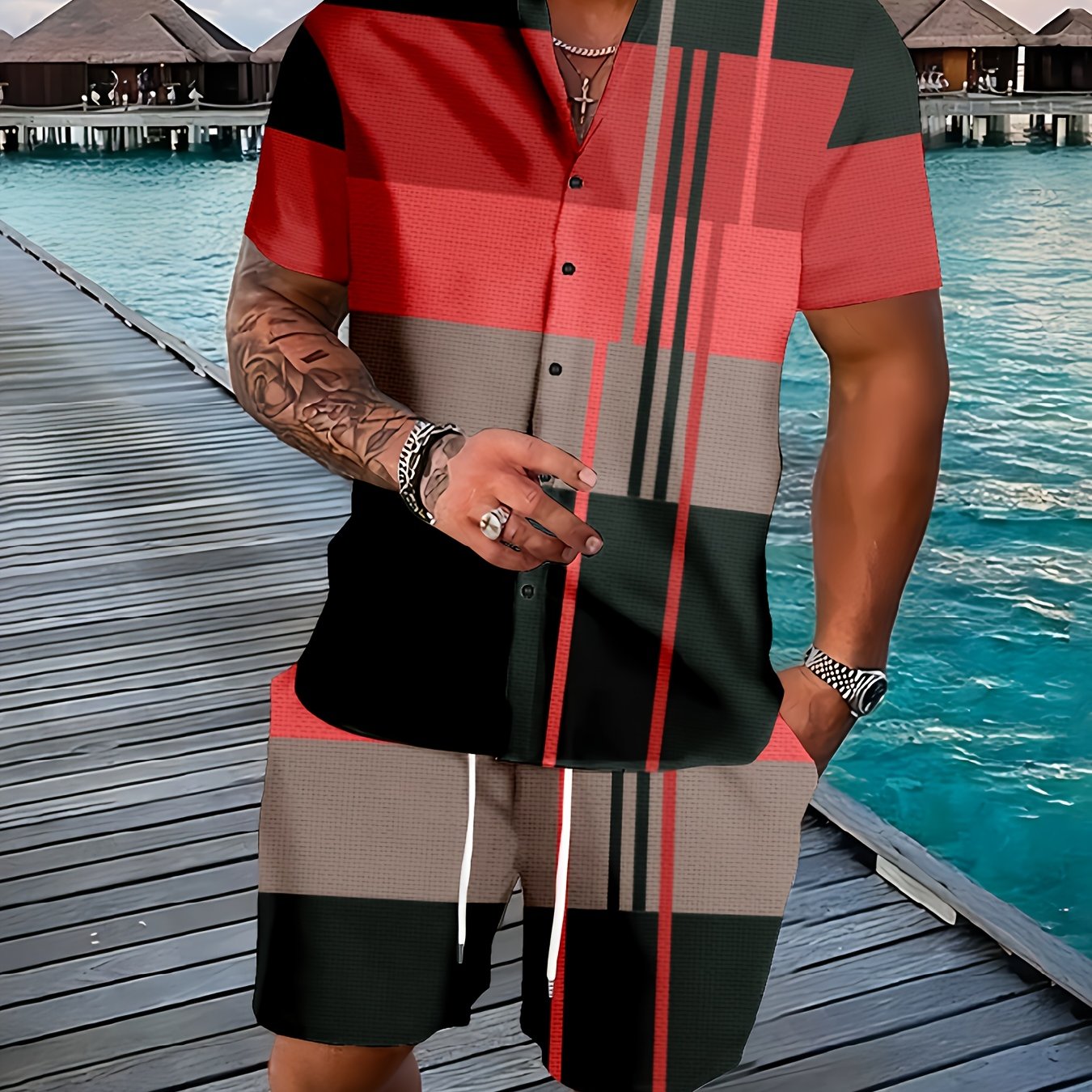 Men's Graphic Plaid Shirt Set for Casual Outdoor Style